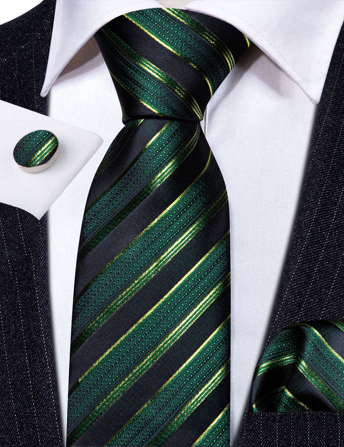 Barry Wang Light Green Necktie Black Striped Silk Tie Set for Wedding 