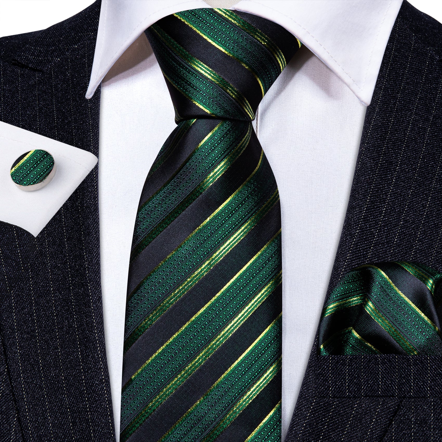Green Black Striped Silk Tie Handkerchief Cufflinks Set