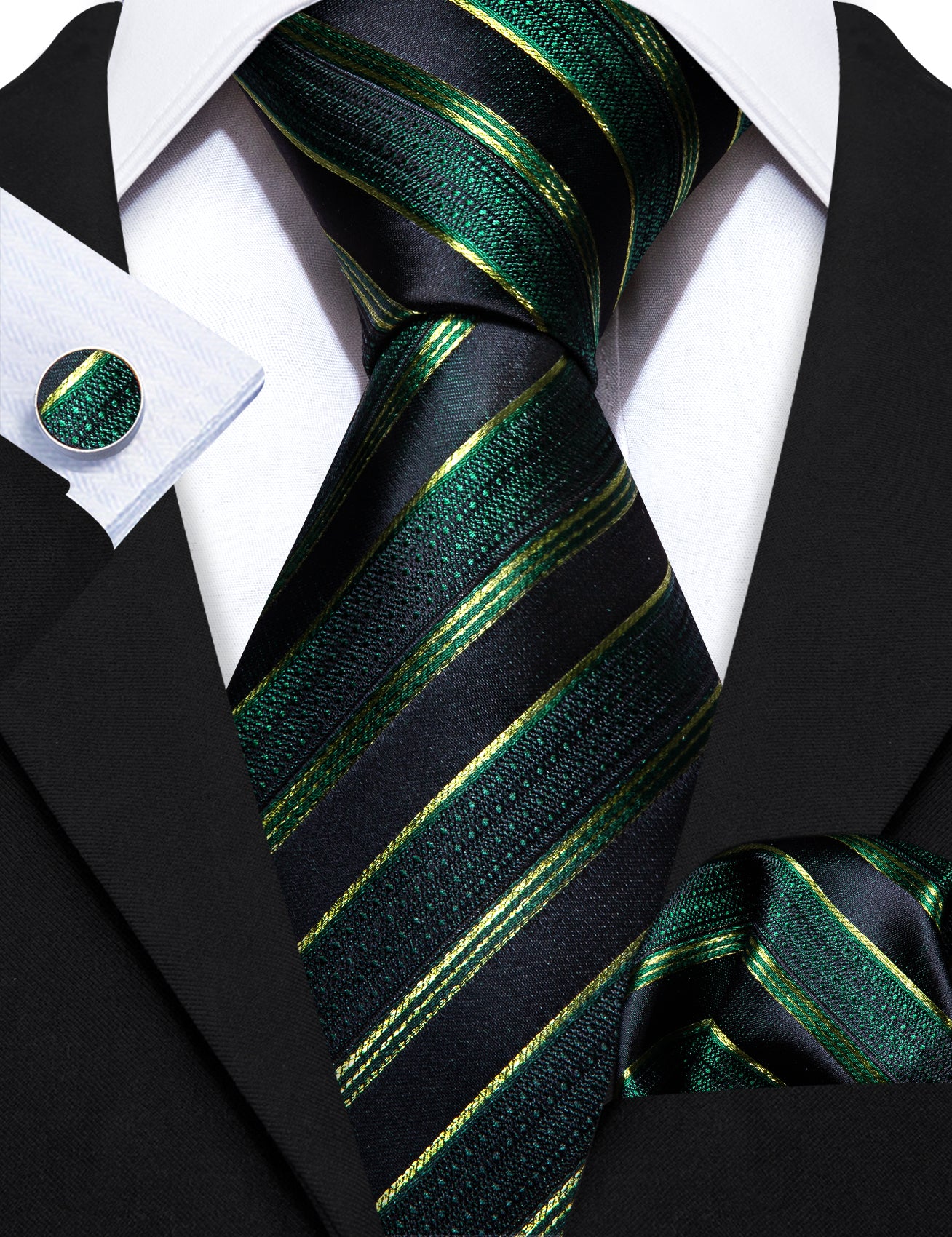 Barry. Wang Green Tie Striped Silk Black Necktie Pocket Square Cufflin Barry. Wang Green Tie Striped Silk Black Necktie Pocket Square Cufflin