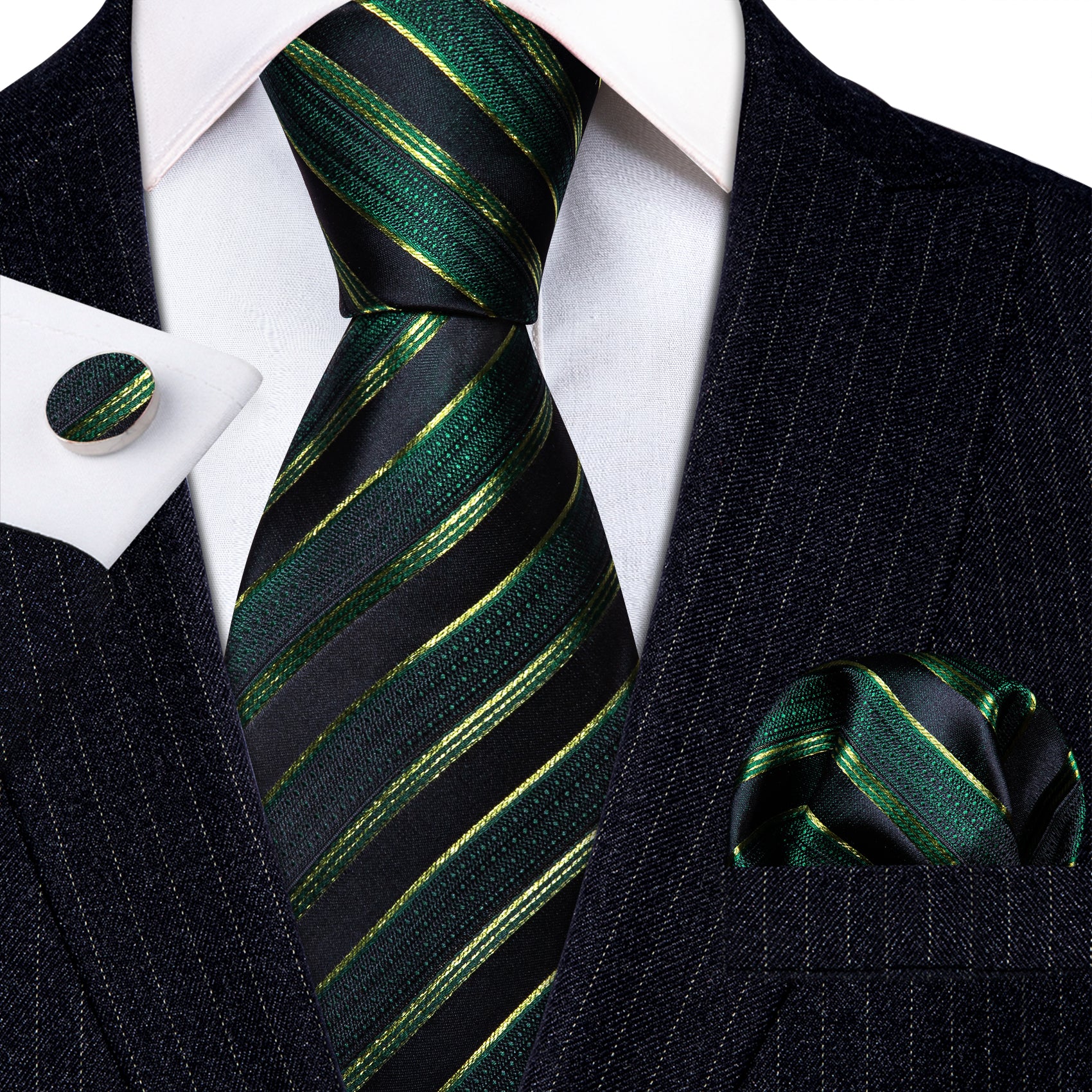 Barry Wang Light Green Necktie Black Striped Silk Tie Set for Wedding 