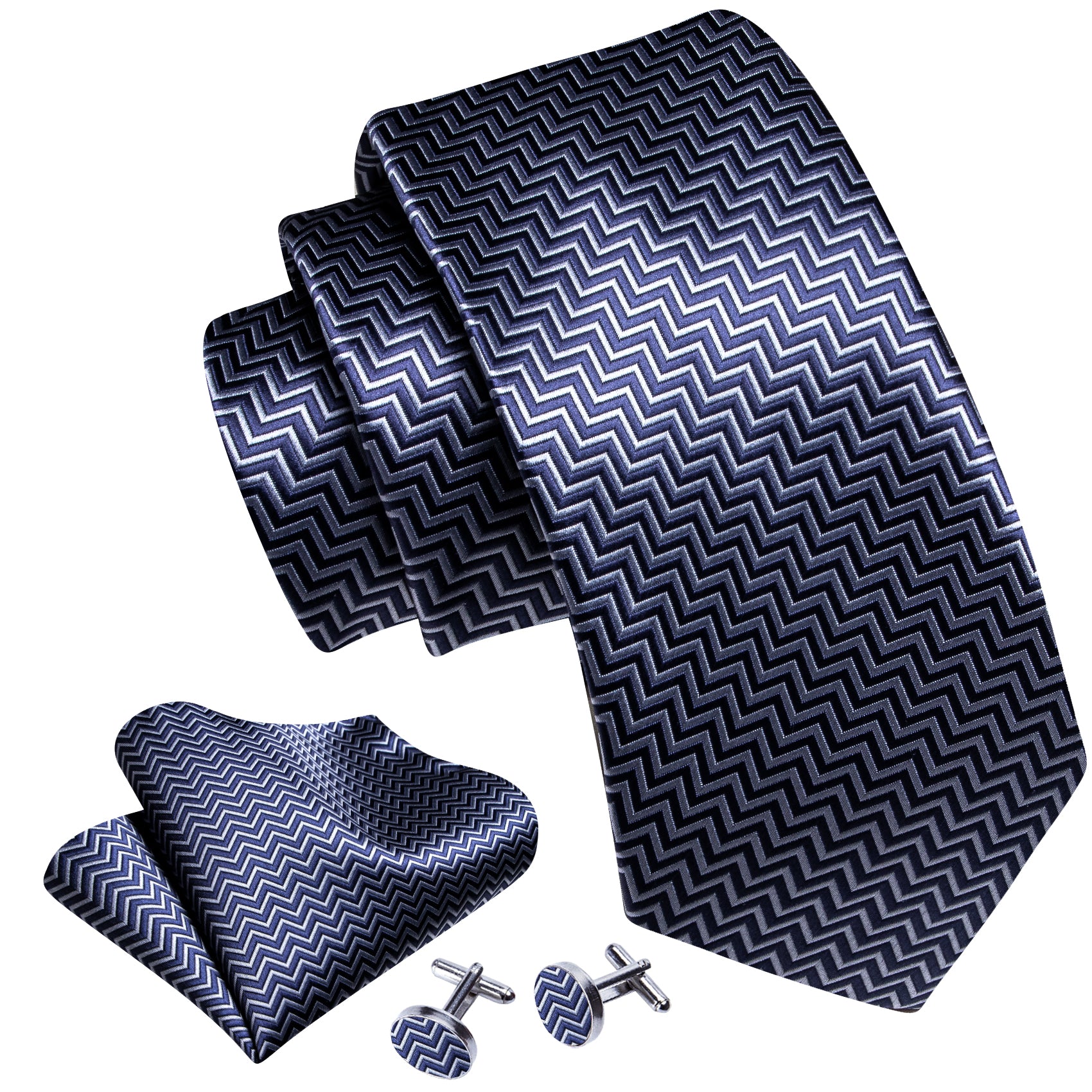 Blue White Wave Silk Tie Pocket Square Cufflinks Set