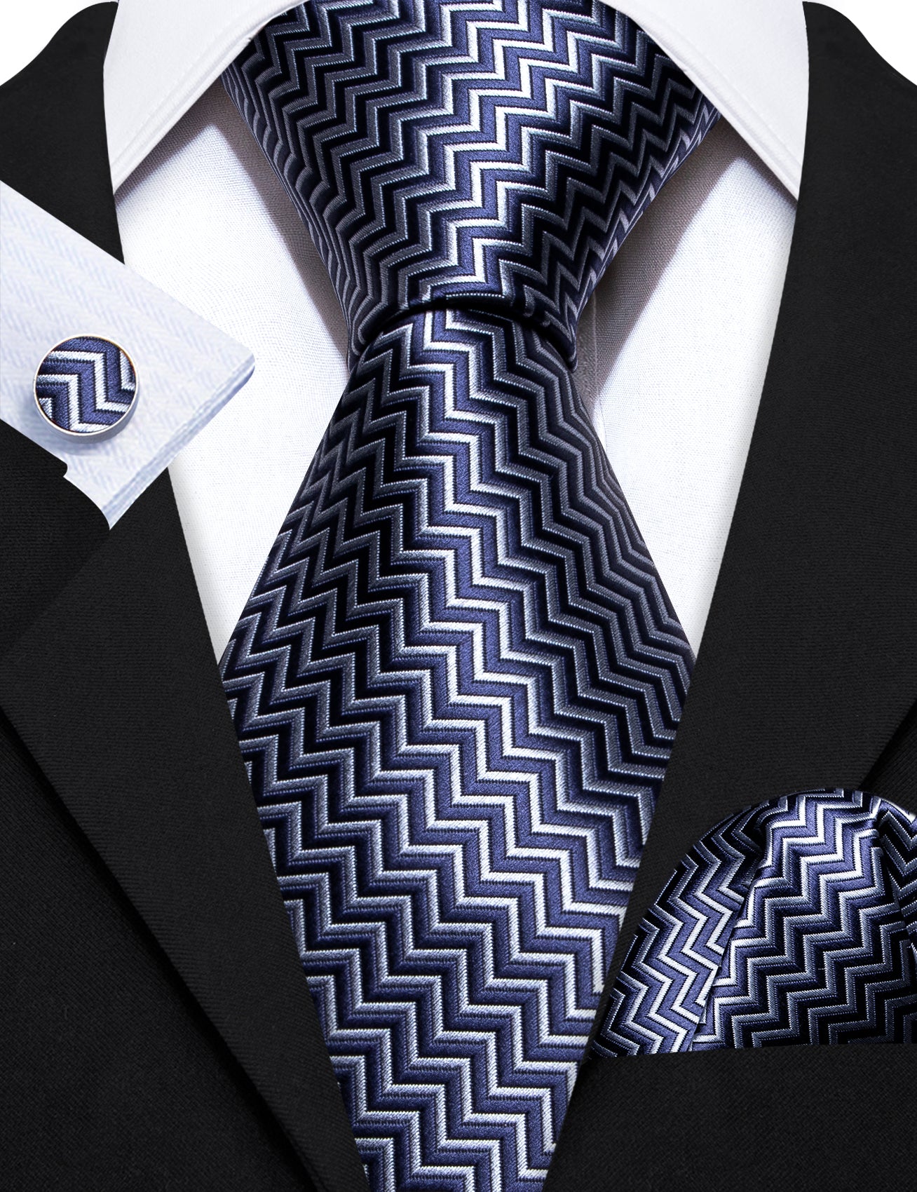 Blue White Wave Silk Tie Pocket Square Cufflinks Set