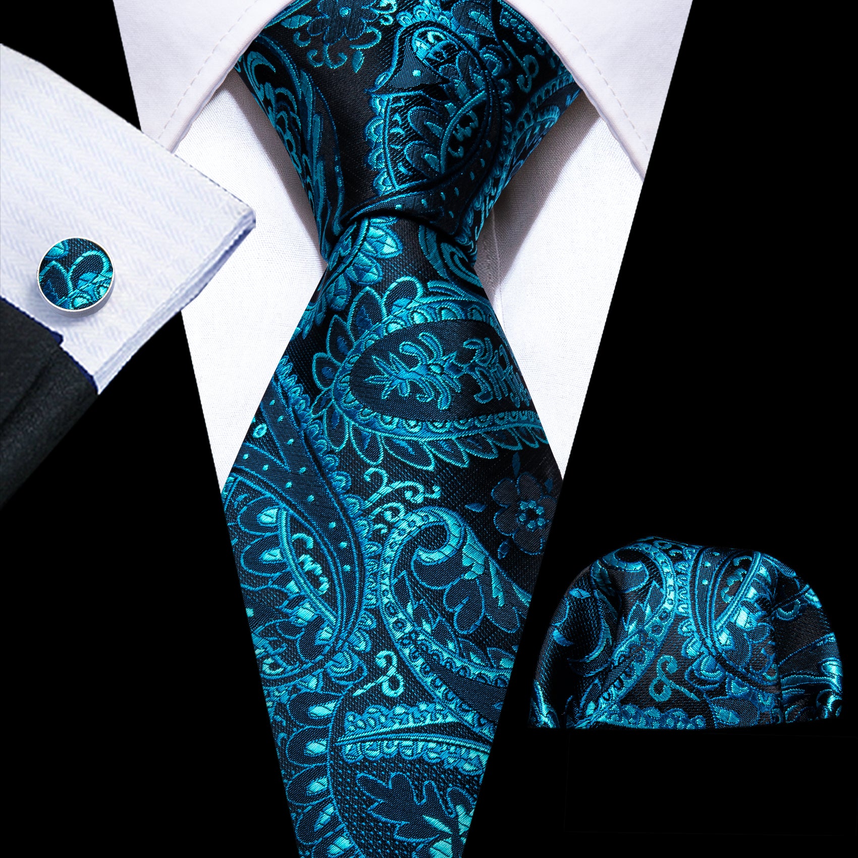 Teal Blue Paisley Silk Tie Handkerchief Cufflinks Set