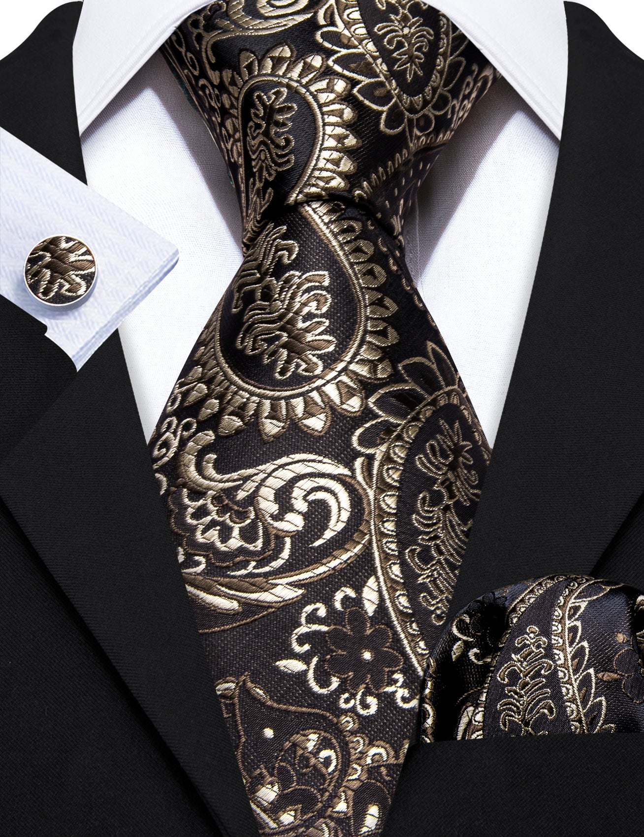 Barry.wang Brown Tie Champagne Paisley Silk Tie Handkerchief Cufflinks Set