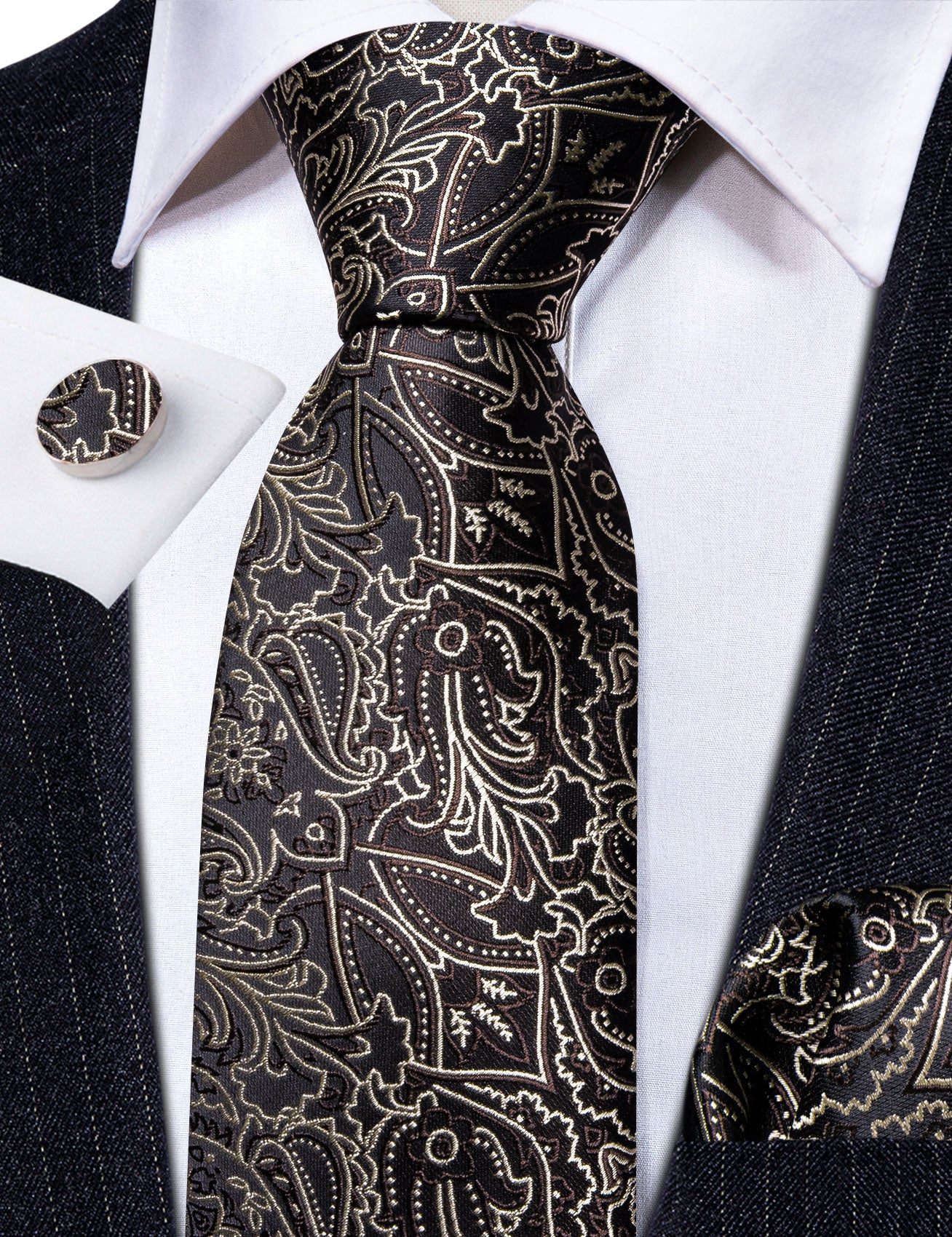 Brown White Floral Silk Tie Handkerchief Cufflinks Set