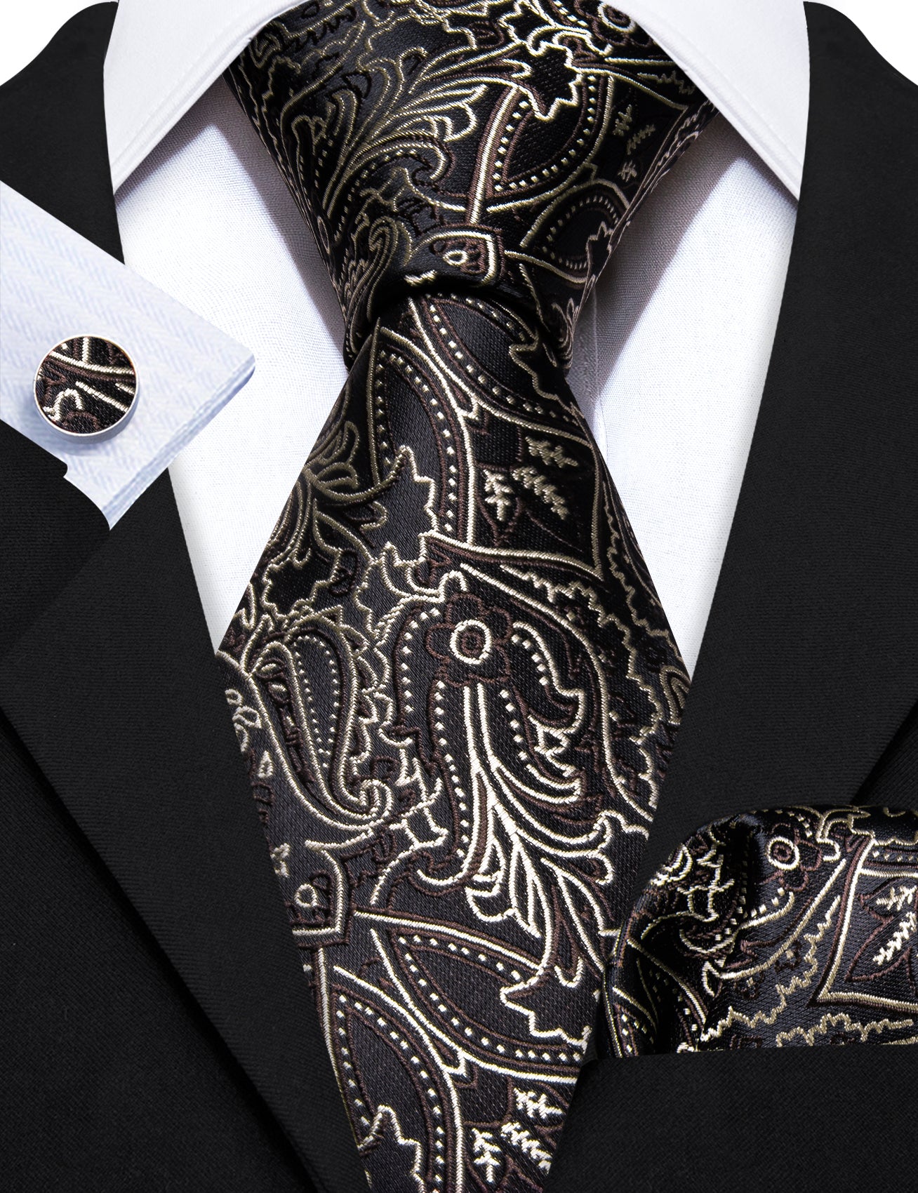 Brown White Floral Silk Tie Handkerchief Cufflinks Set