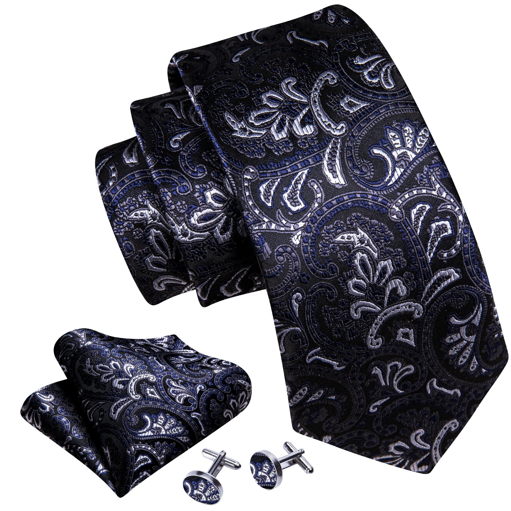 Blue White Paisley Silk Tie Handkerchief Cufflinks Set