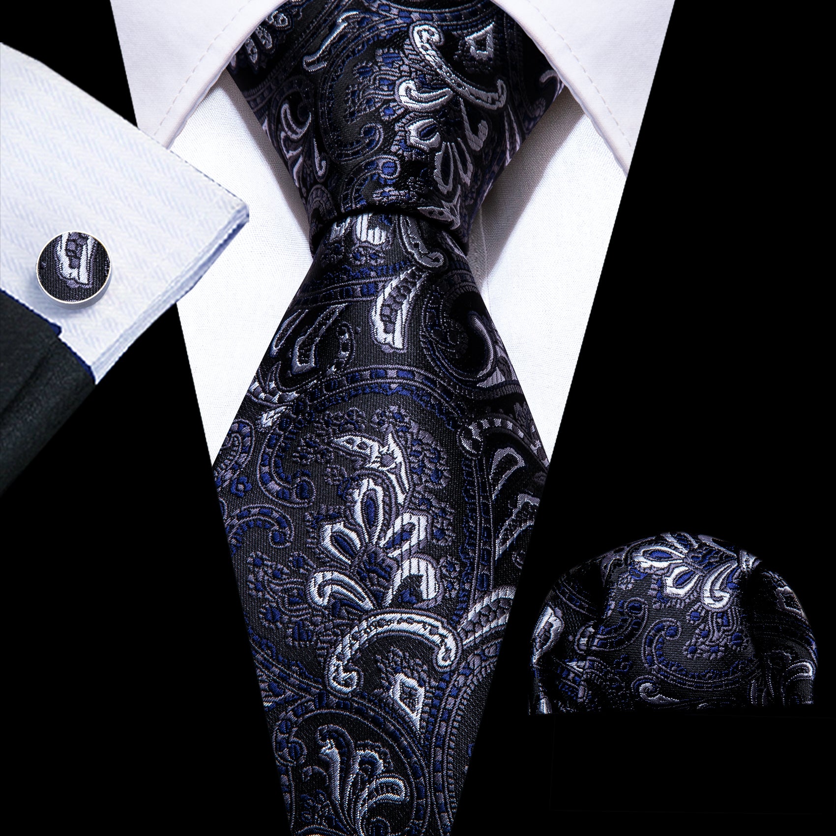 Blue White Paisley Silk Tie Handkerchief Cufflinks Set