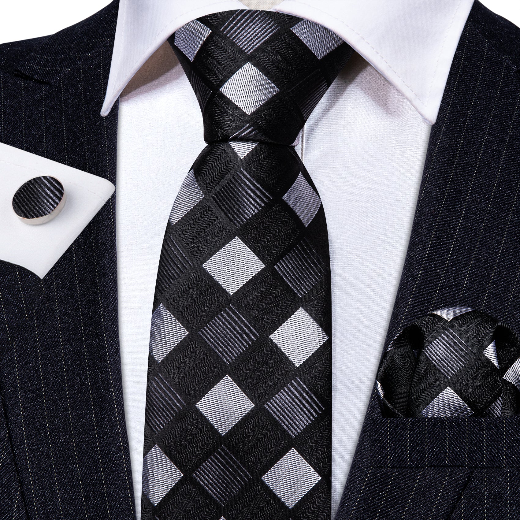 Fashion Black White Plaid Silk Tie Handkerchief Cufflinks Set