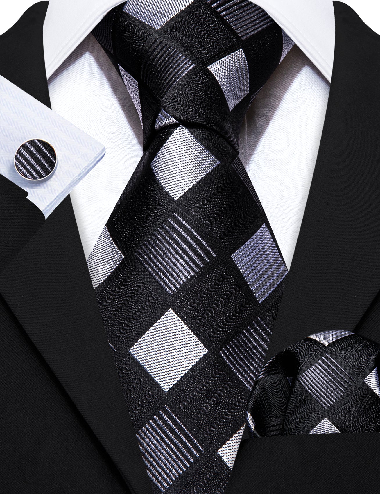 Fashion Black White Plaid Silk Tie Handkerchief Cufflinks Set
