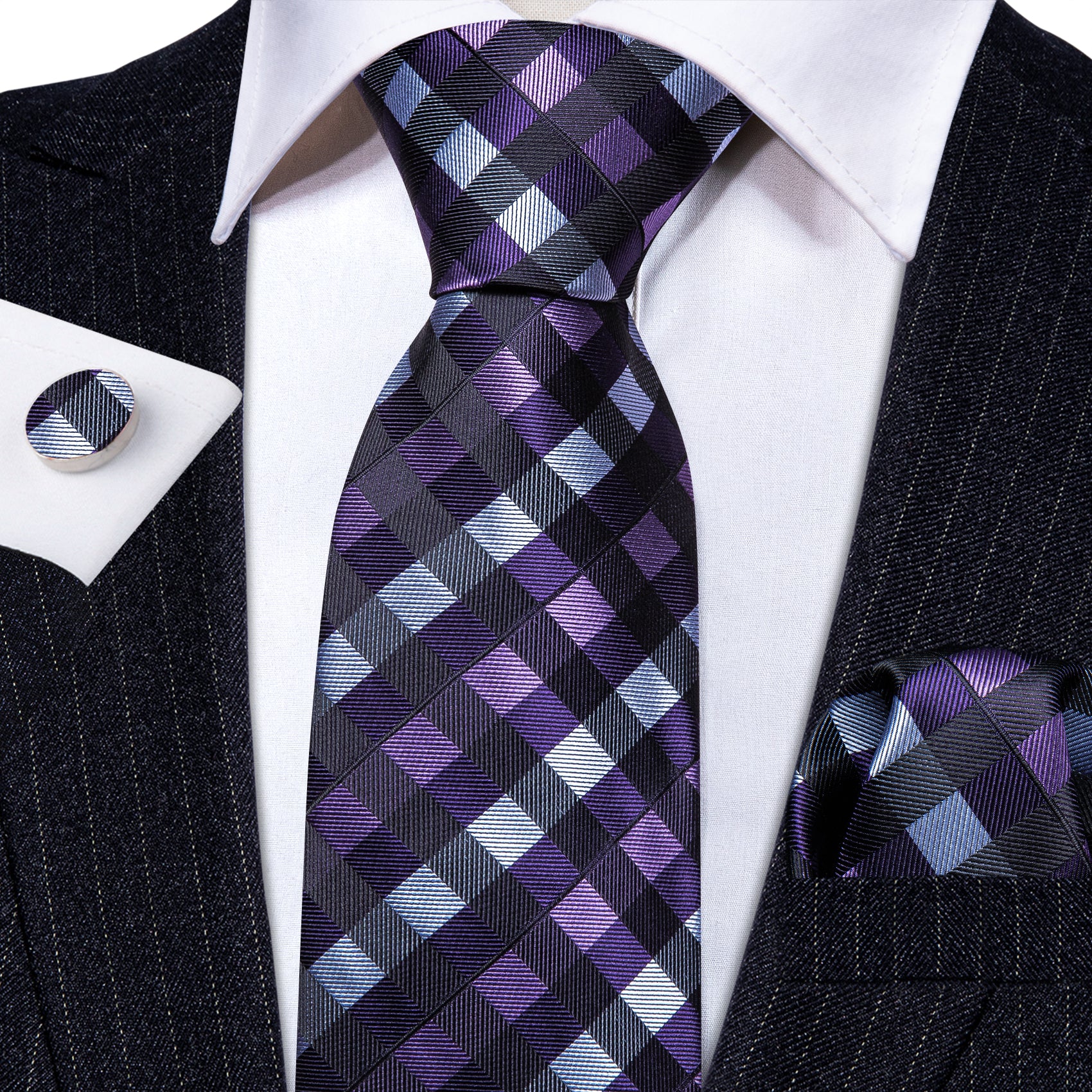 blue purple black plaid tie for men 