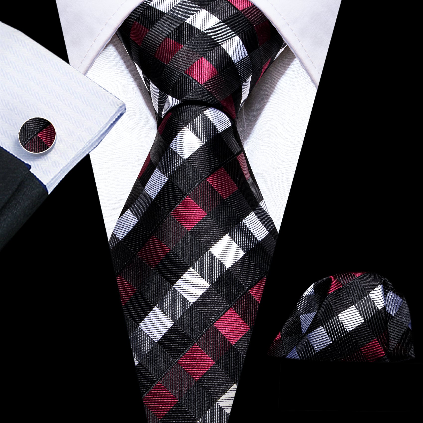 Red Black Plaid Silk Tie Pocket Square Cufflinks Set