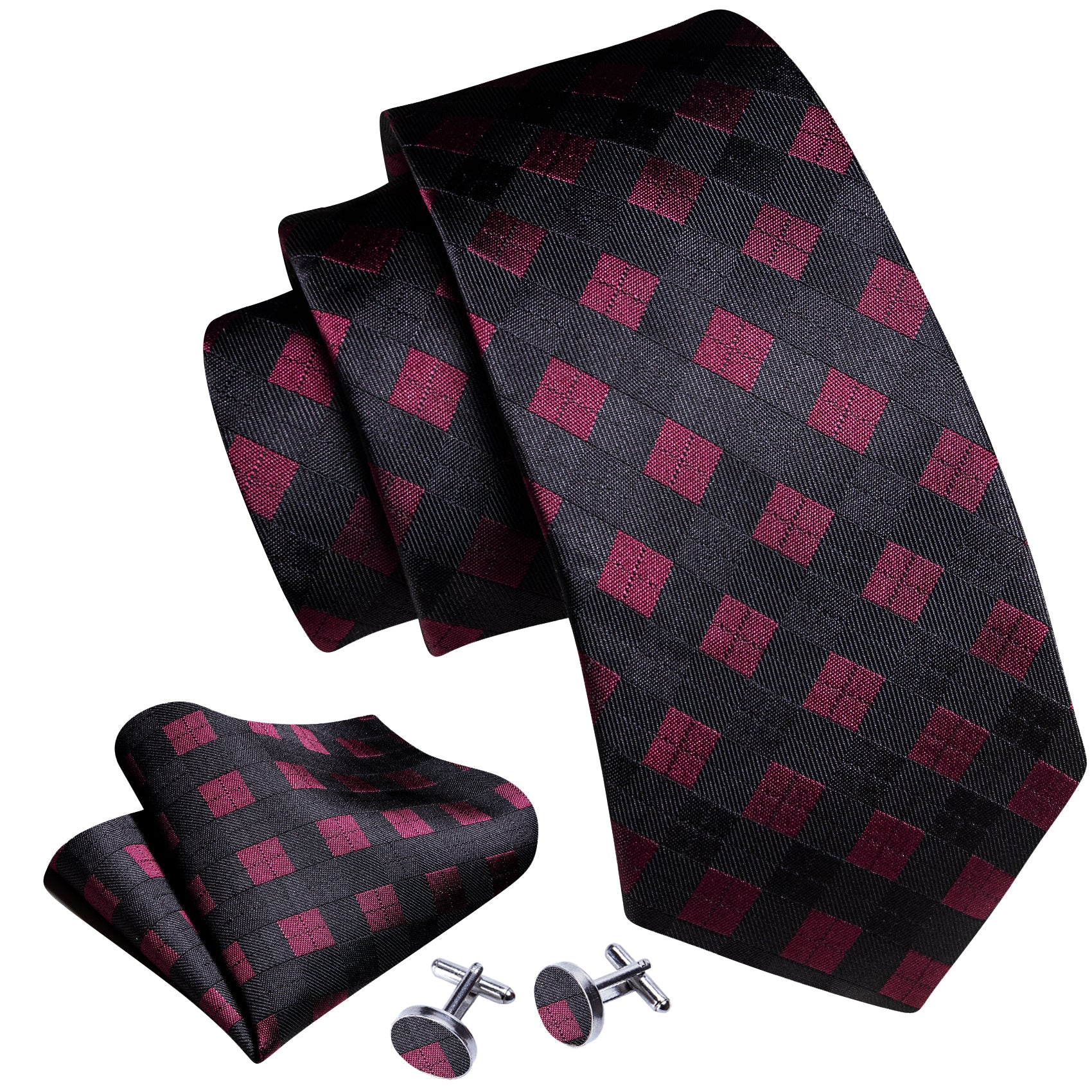 New Black Red Plaid Silk Tie Pocket Square Cufflinks Set