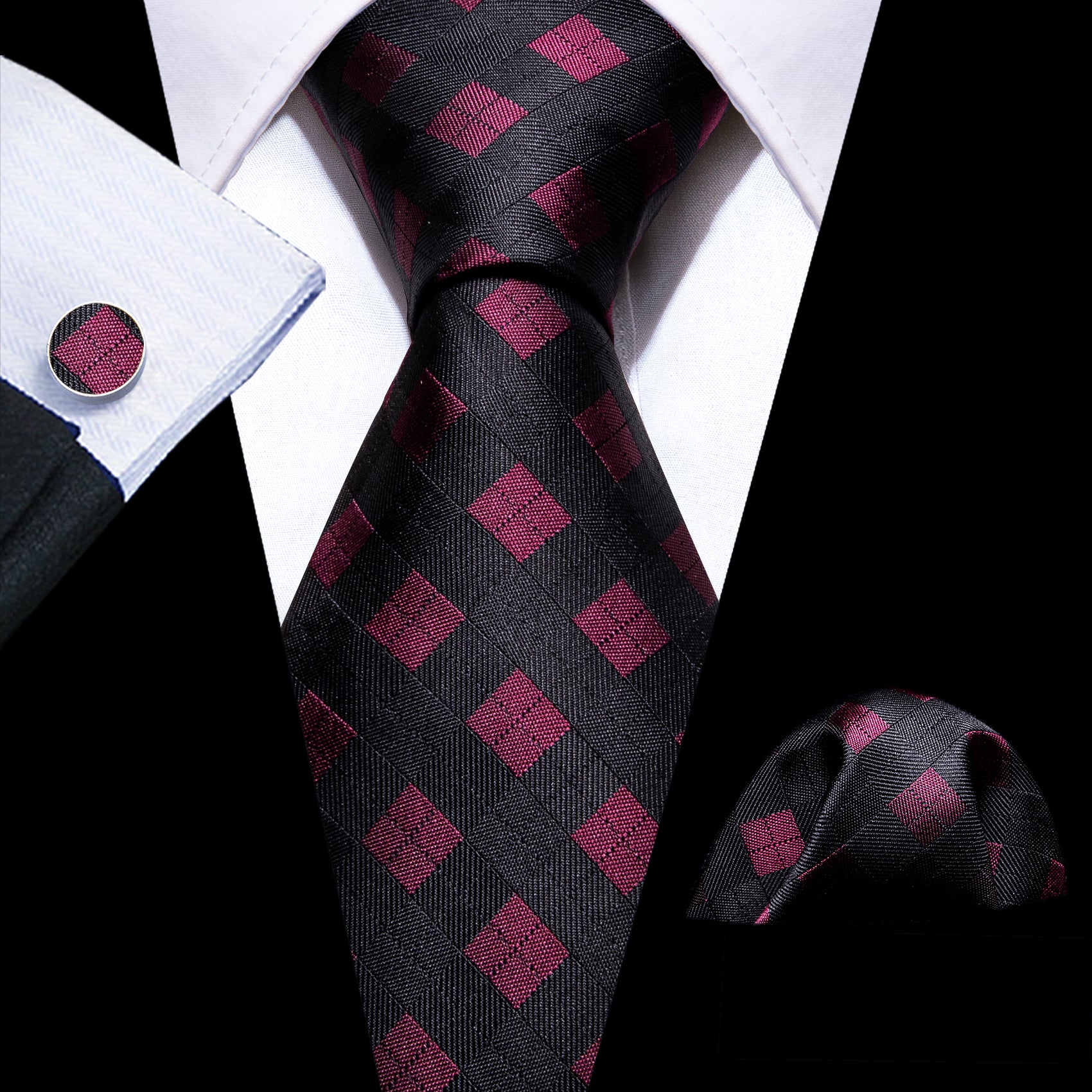 Black Red Plaid Silk Tie Pocket Square Cufflinks Set