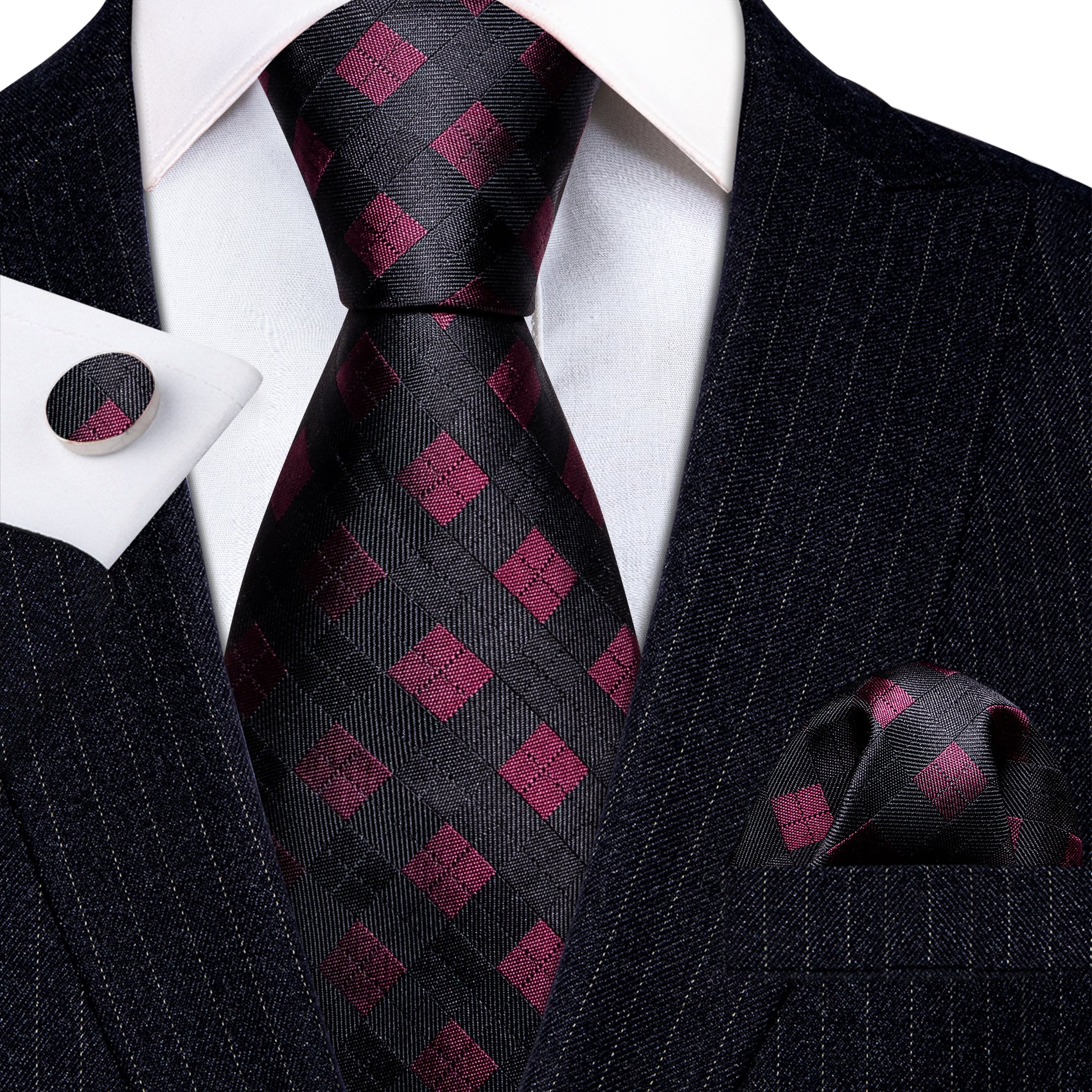 Black Red Plaid Silk Tie Pocket Square Cufflinks Set