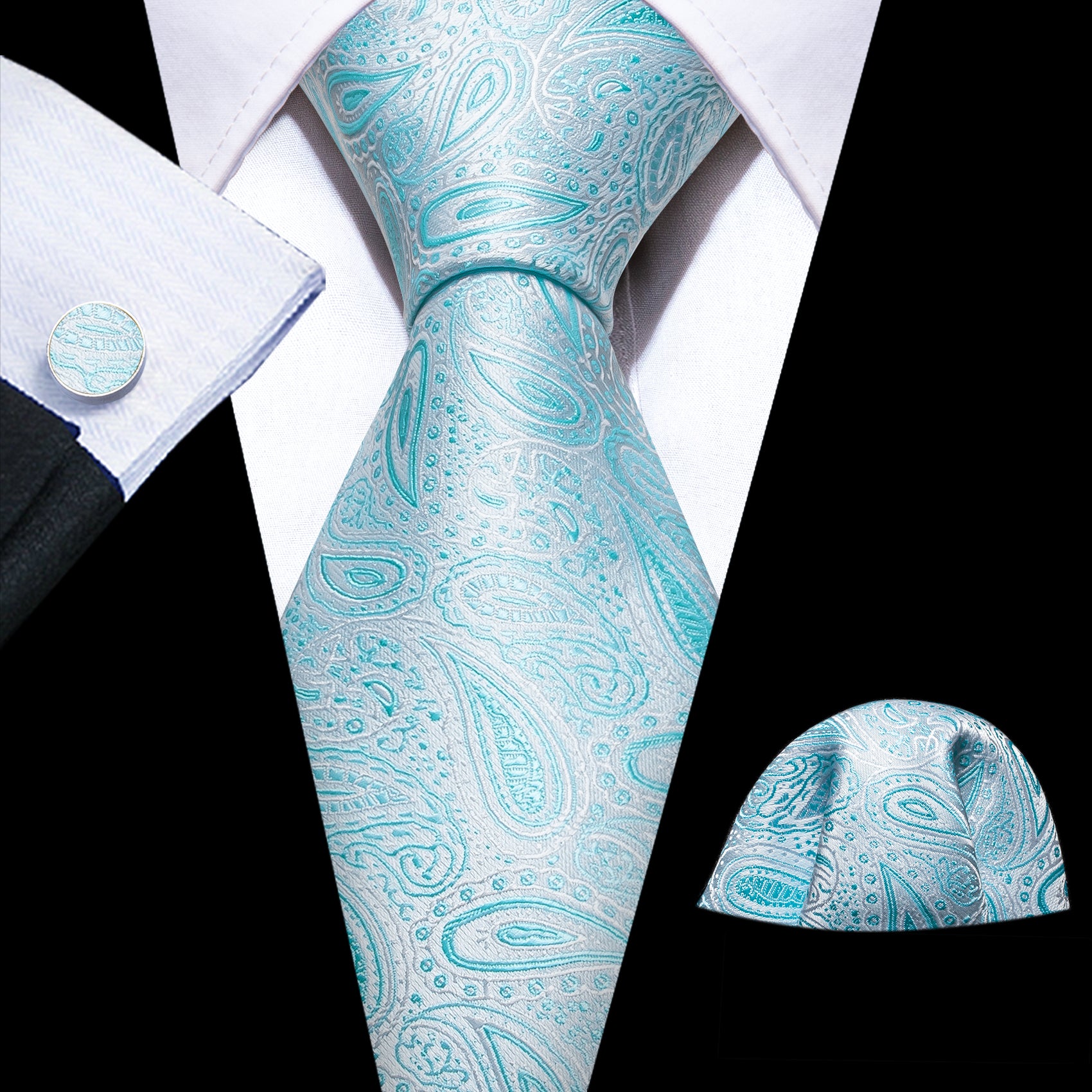 Sky Blue Paisley Silk Tie Pocket Square Cufflinks Set