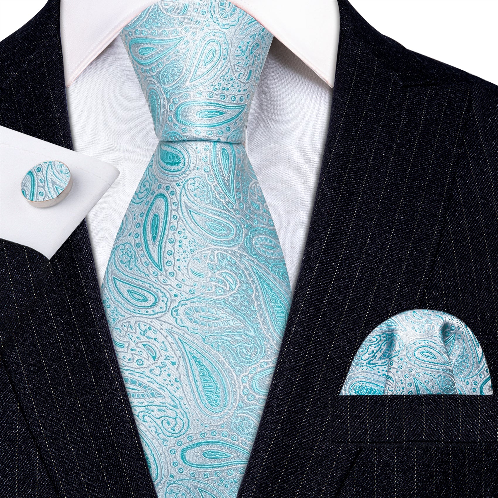 mens light blue tie Black suit White Lines 