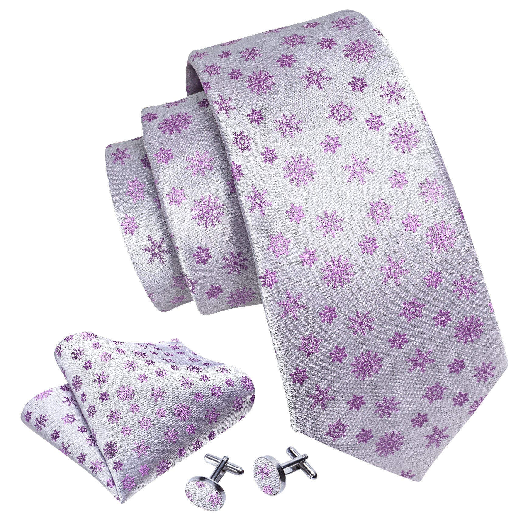 White Pink Christmas Elements Silk Tie Handkerchief Cufflinks Set