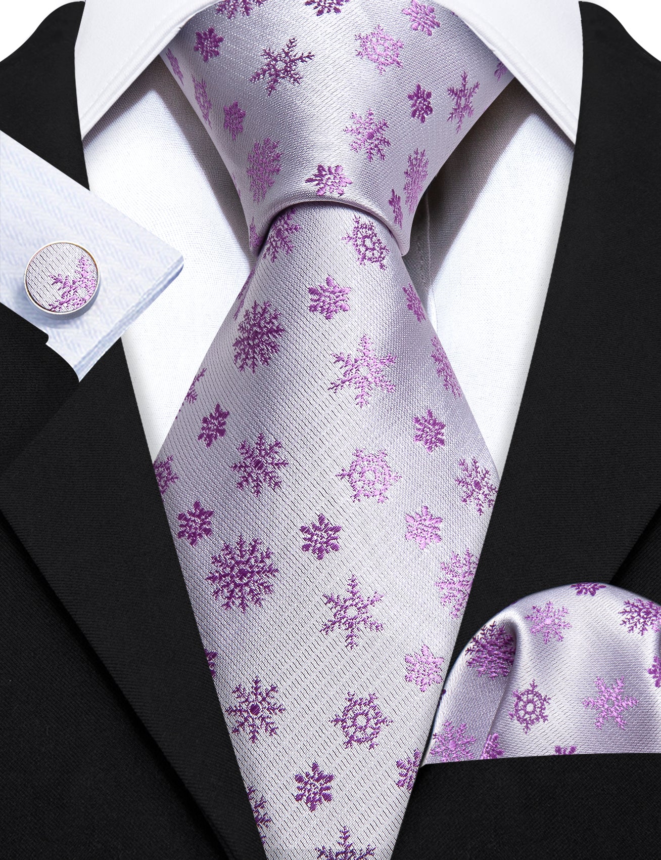 White Pink Christmas Elements Silk Tie Handkerchief Cufflinks Set