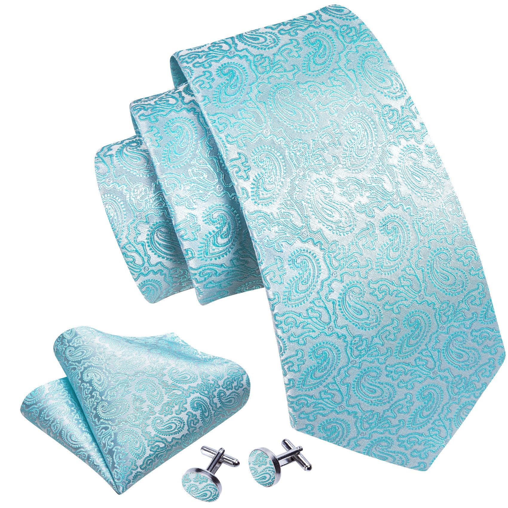 Elegant Blue Silver Paisley Silk Tie Handkerchief Cufflinks Set