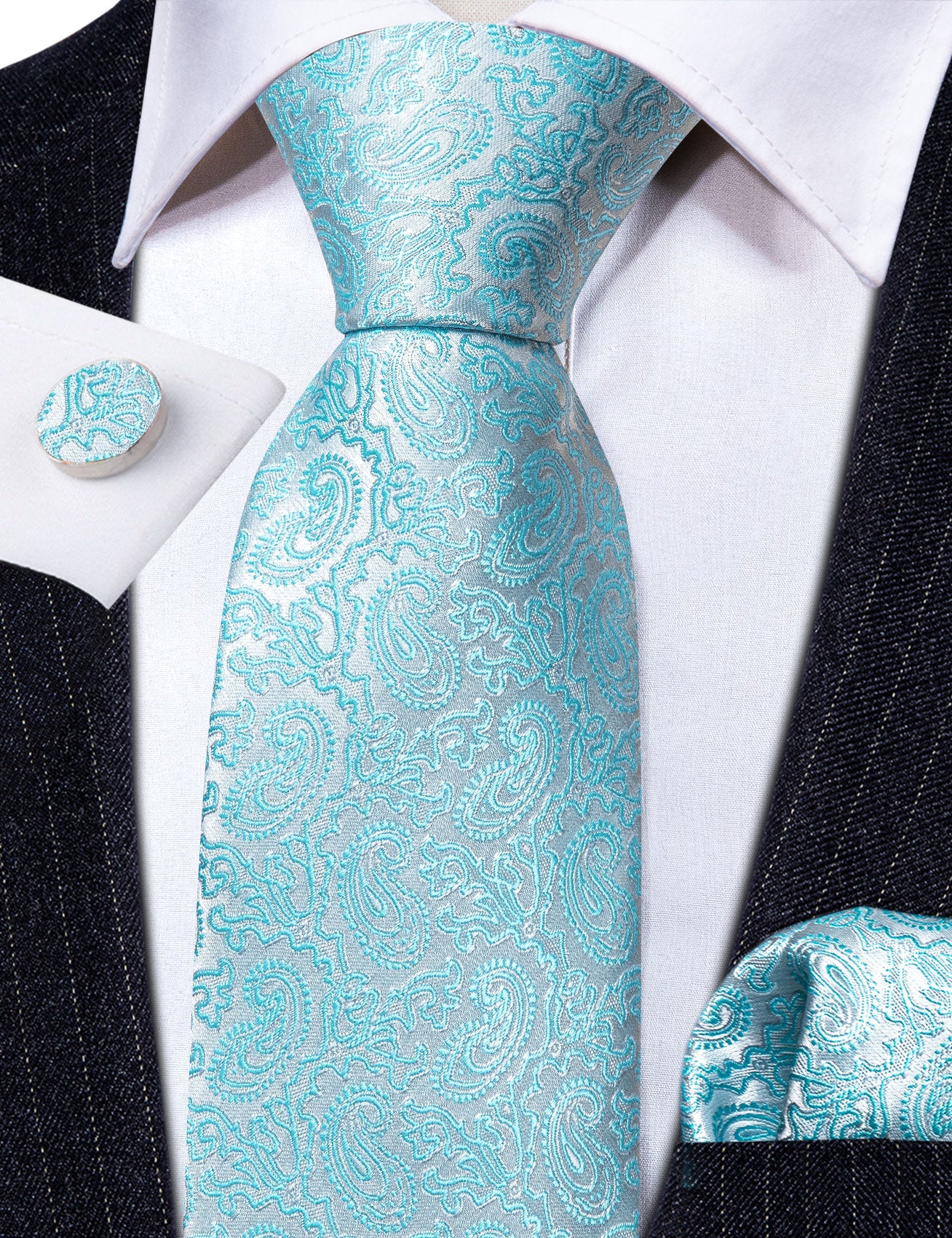 Elegant Blue Silver Paisley Silk Tie Handkerchief Cufflinks Set