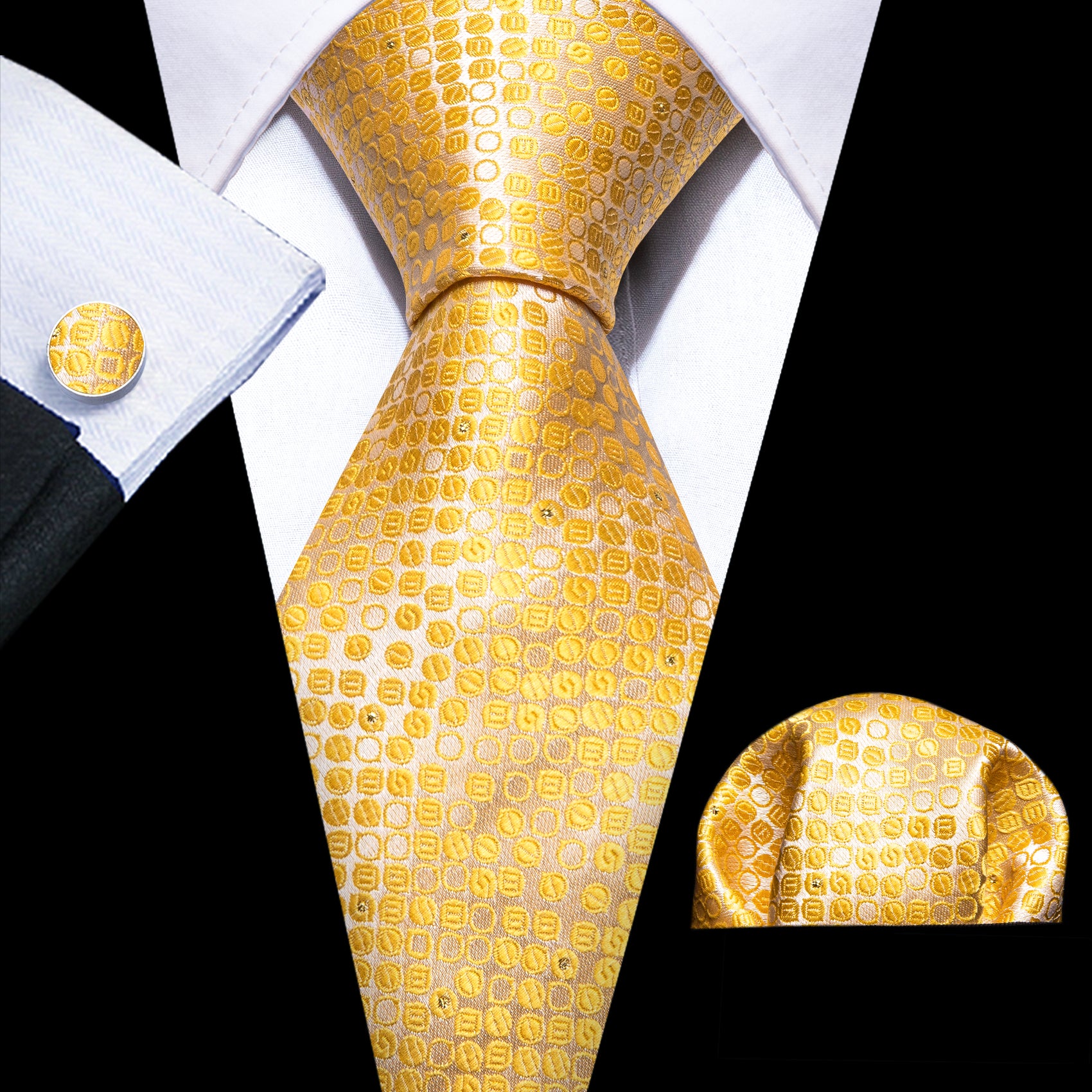 Yellow Round Floral Silk Tie Handkerchief Cufflinks Set