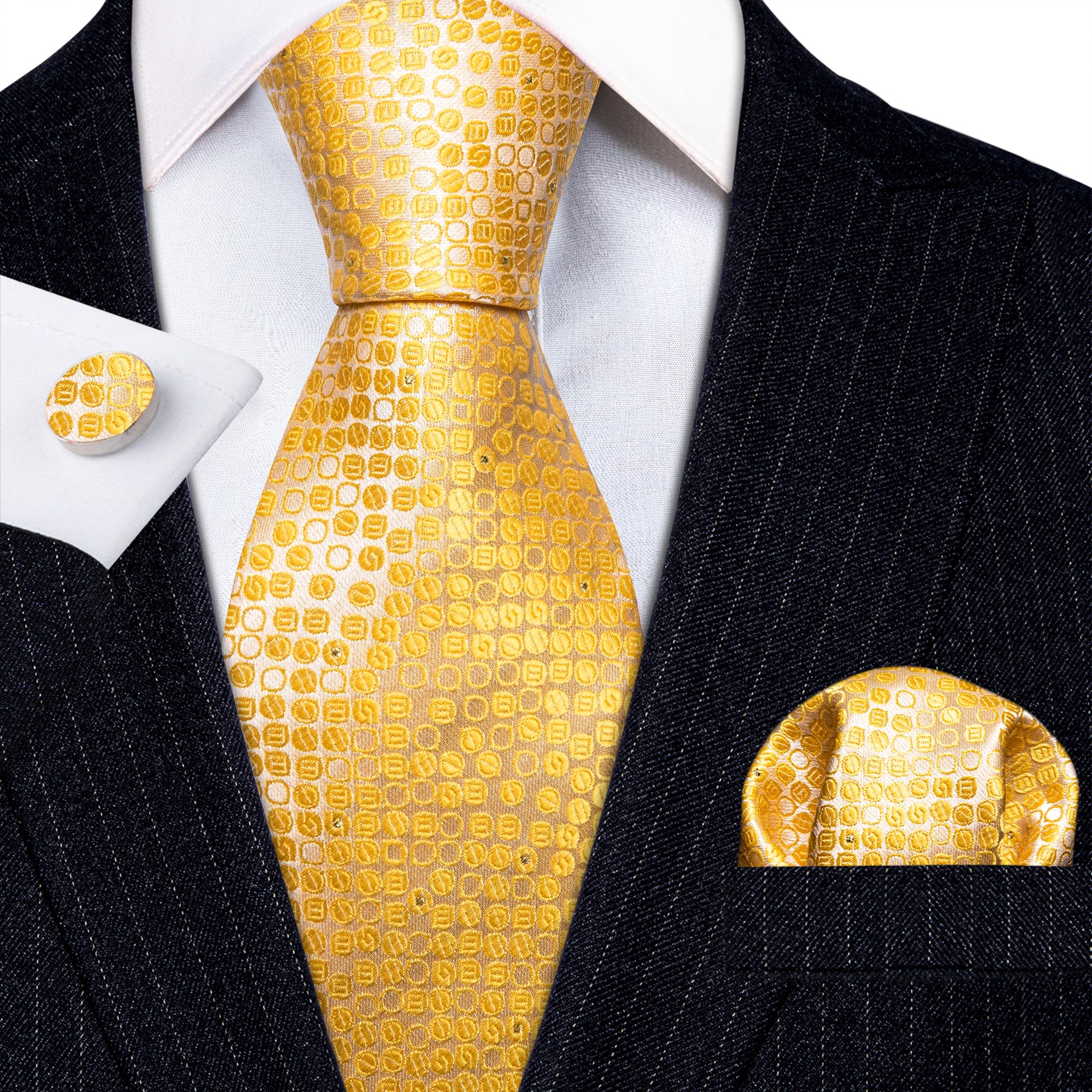 Yellow Round Floral Silk Tie Handkerchief Cufflinks Set