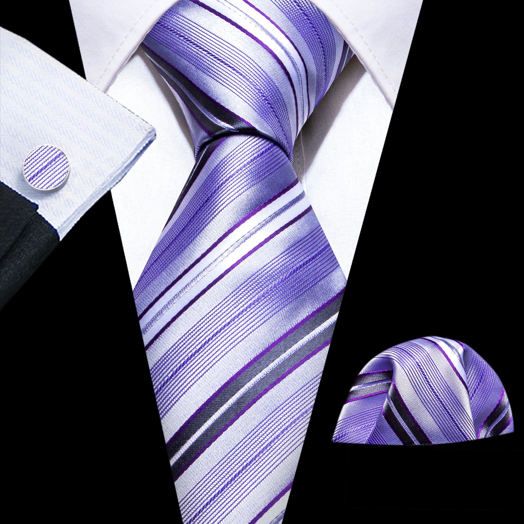 Purple White Stripe Silk Tie Handkerchief Cufflinks Set