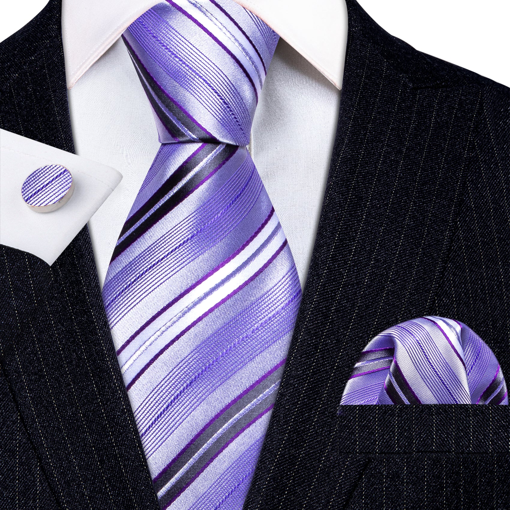 Purple White Stripe Silk Tie Handkerchief Cufflinks Set