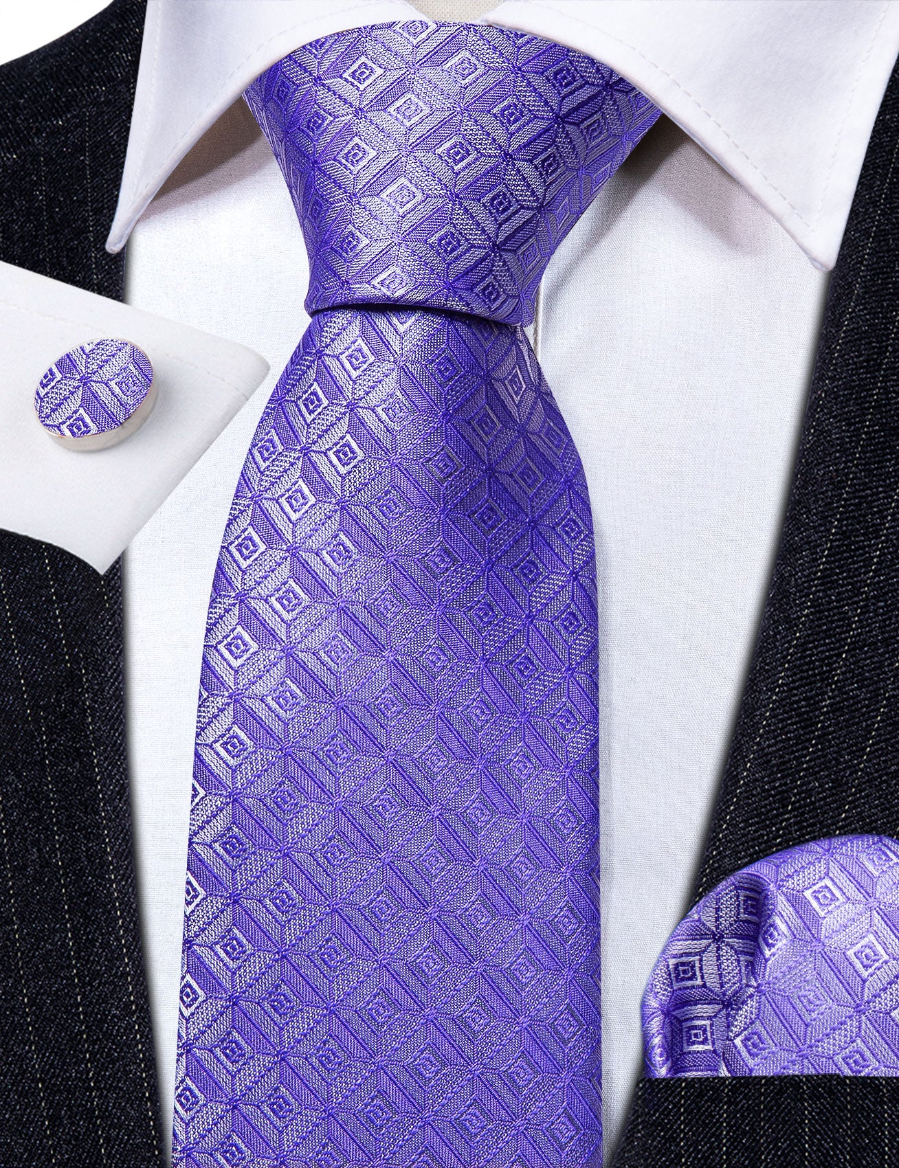 Novetly Blue Purple Plaid Silk Tie Handkerchief Cufflinks Set