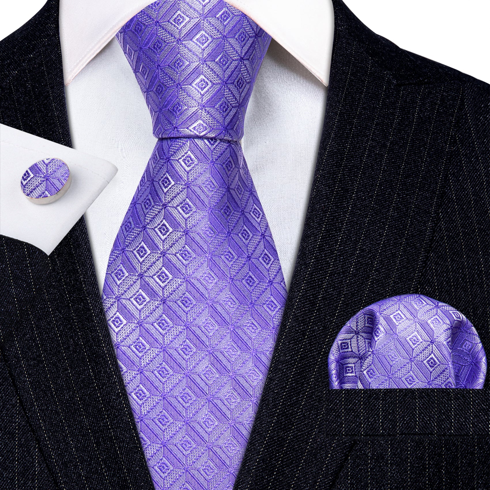 Novetly Blue Purple Plaid Silk Tie Handkerchief Cufflinks Set