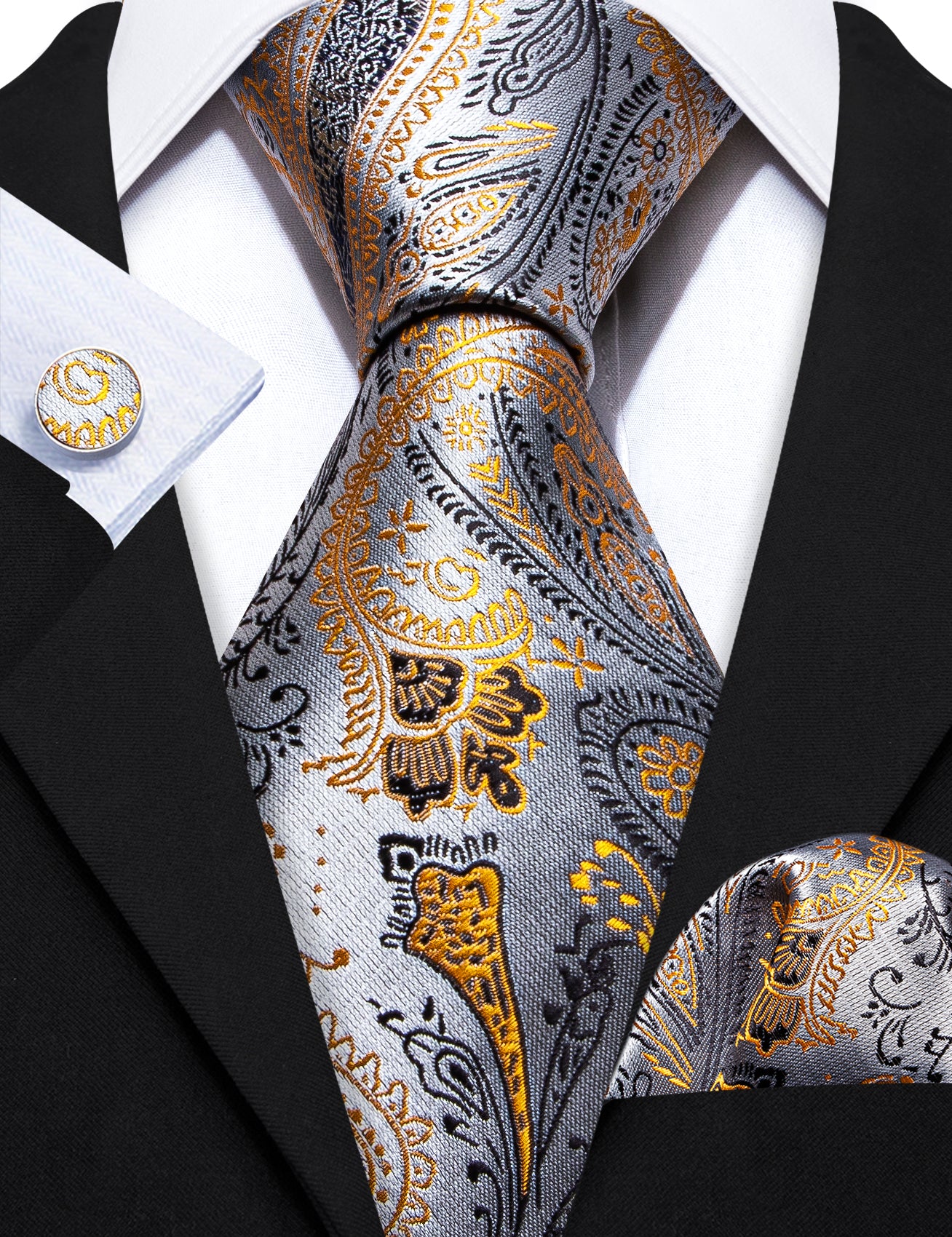 Golden Silver Paisley Silk Tie Handkerchief Cufflinks Set