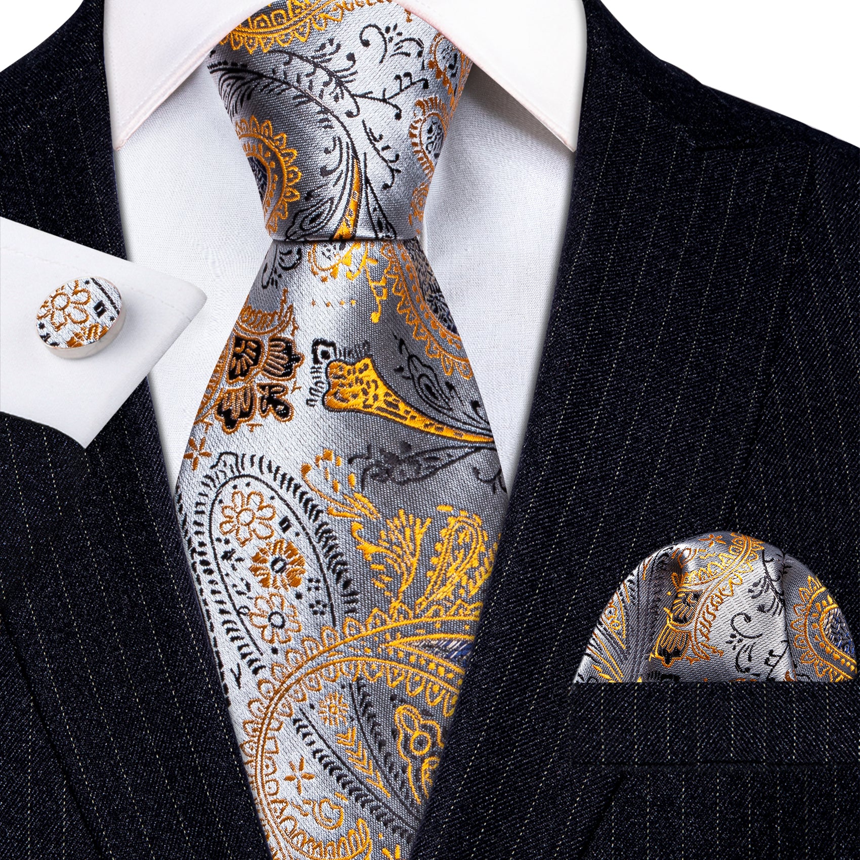 Golden Silver Paisley Silk Tie Handkerchief Cufflinks Set