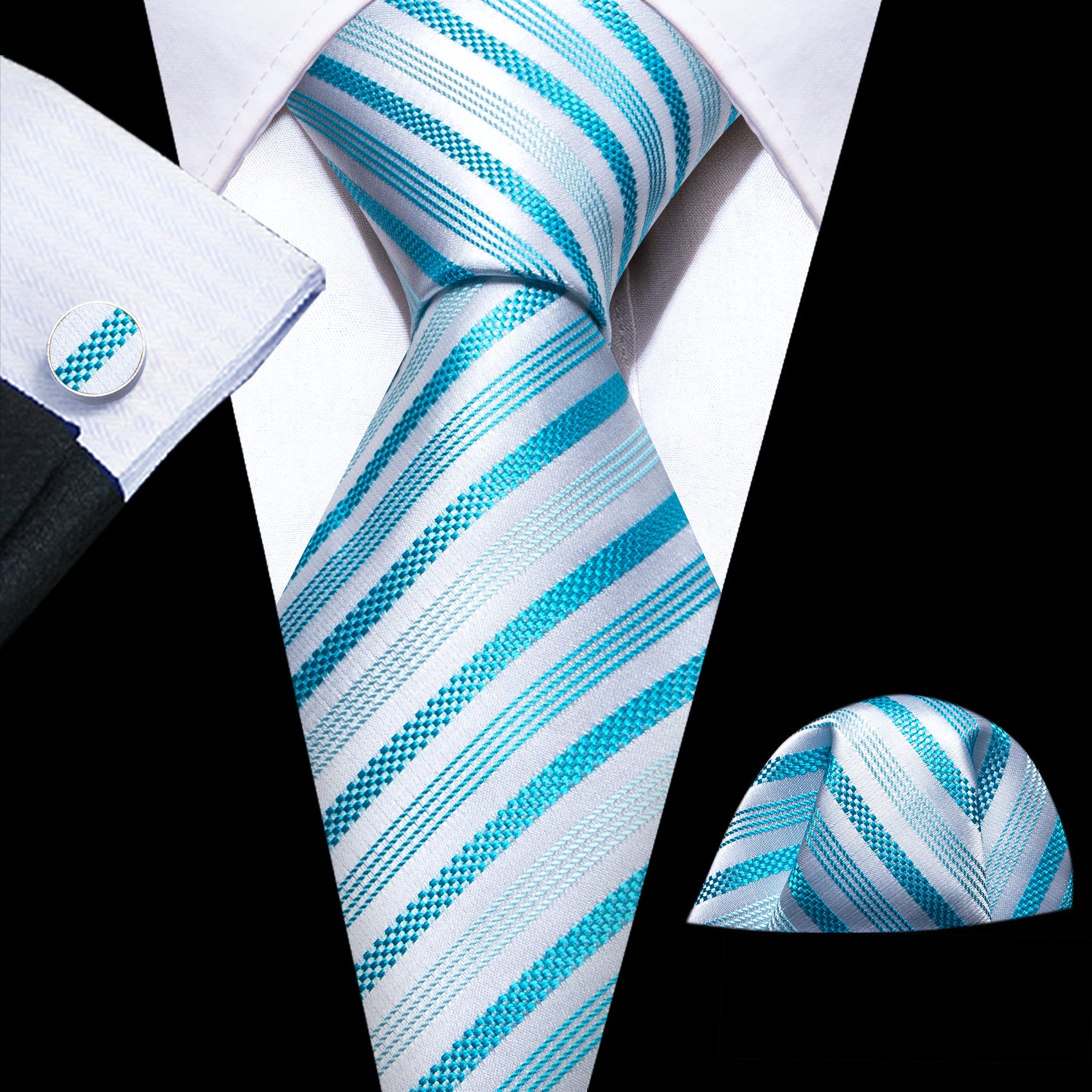 Cyan Blue Stripe Silk Tie Handkerchief Cufflinks Set