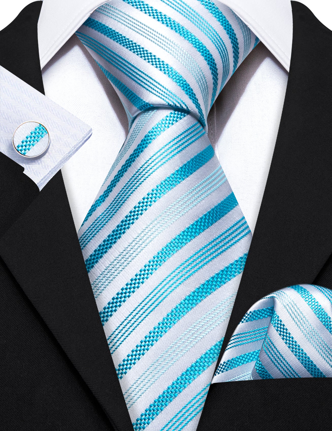 Cyan Blue Stripe Silk Tie Handkerchief Cufflinks Set