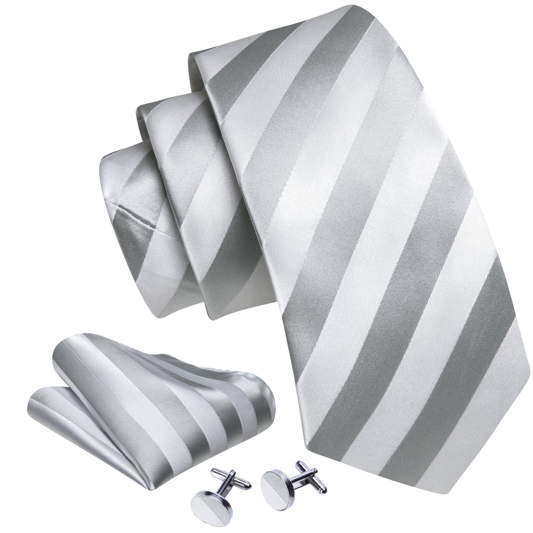 Silver Grey Stripe Silk Tie Handkerchief Cufflinks Set