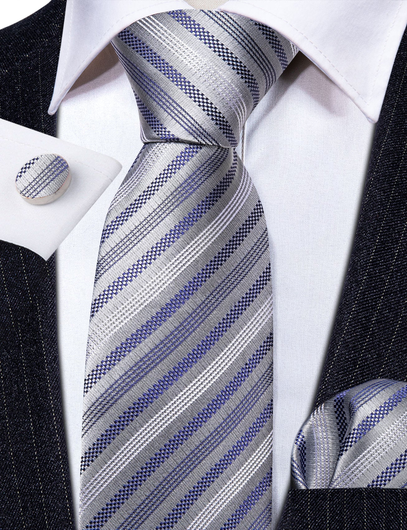 Grey Blue Striped Silk Tie Handkerchief Cufflinks Set