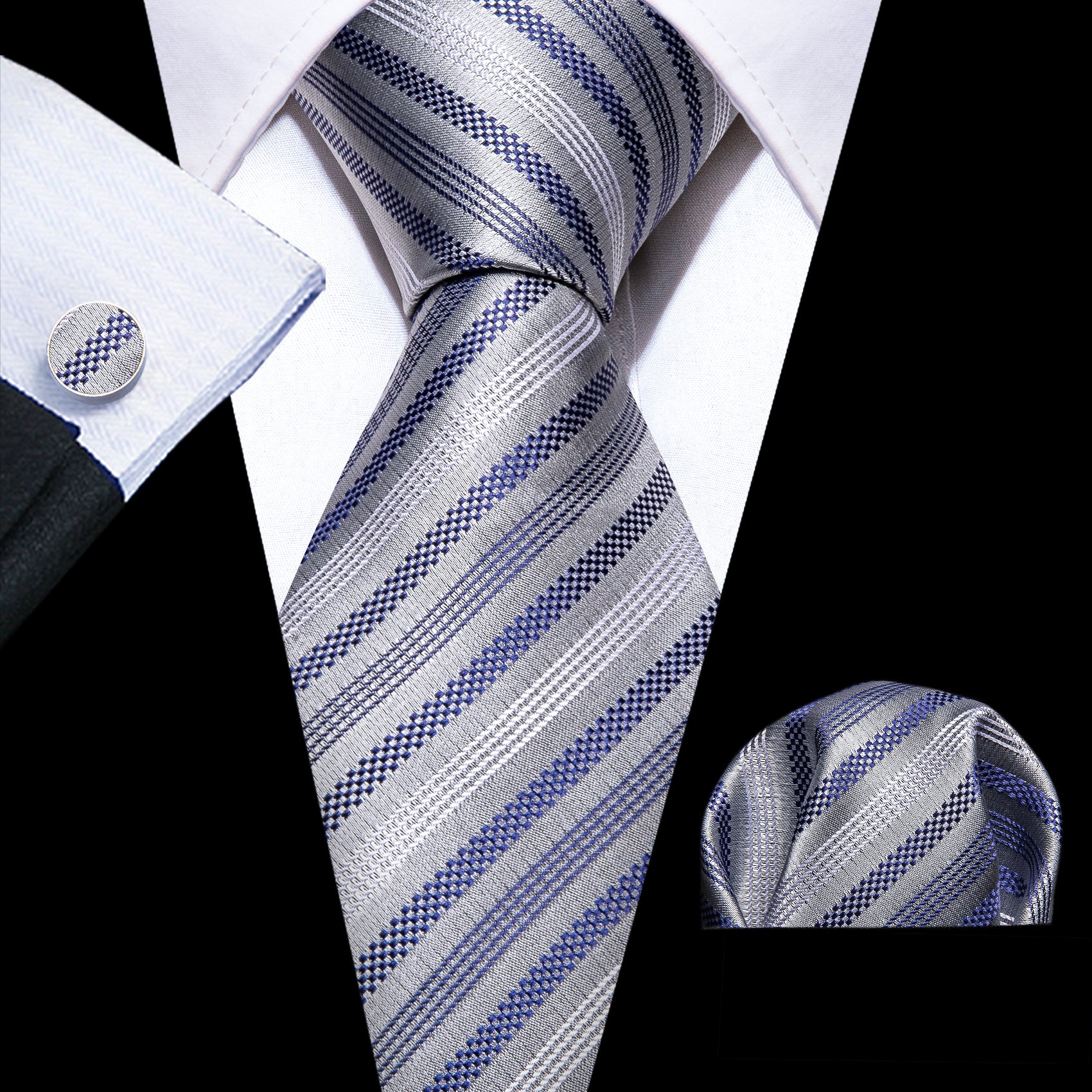 Grey Blue Striped Silk Tie Handkerchief Cufflinks Set