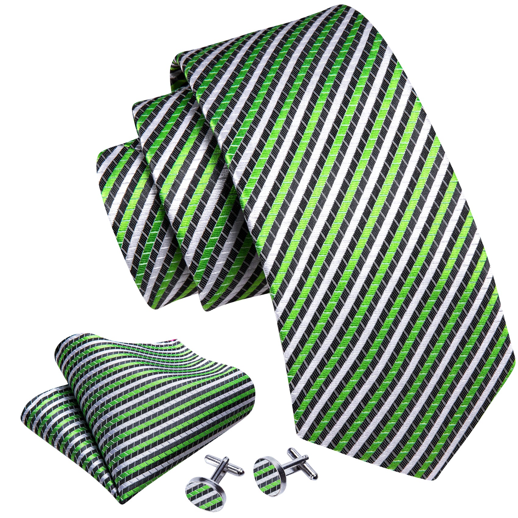 New Green White Striped Silk Tie Handkerchief Cufflinks Set
