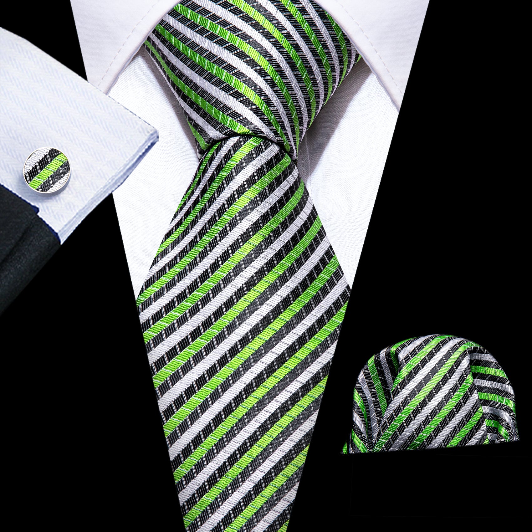 Barry Wang Chartreuse Green White Striped Silk Tie Hanky Cufflinks Set