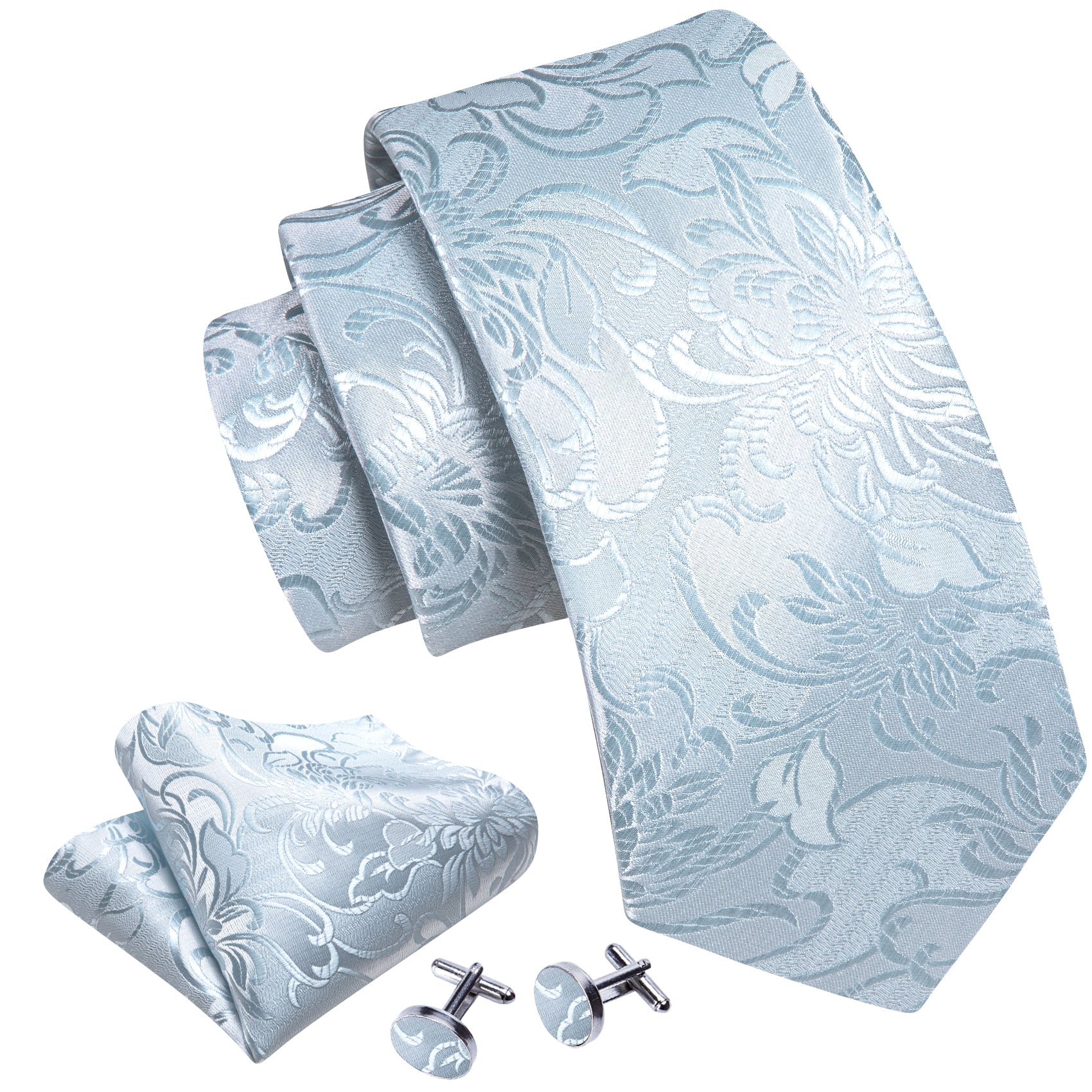 White Peony Flower Silk Tie Handkerchief Cufflinks Set
