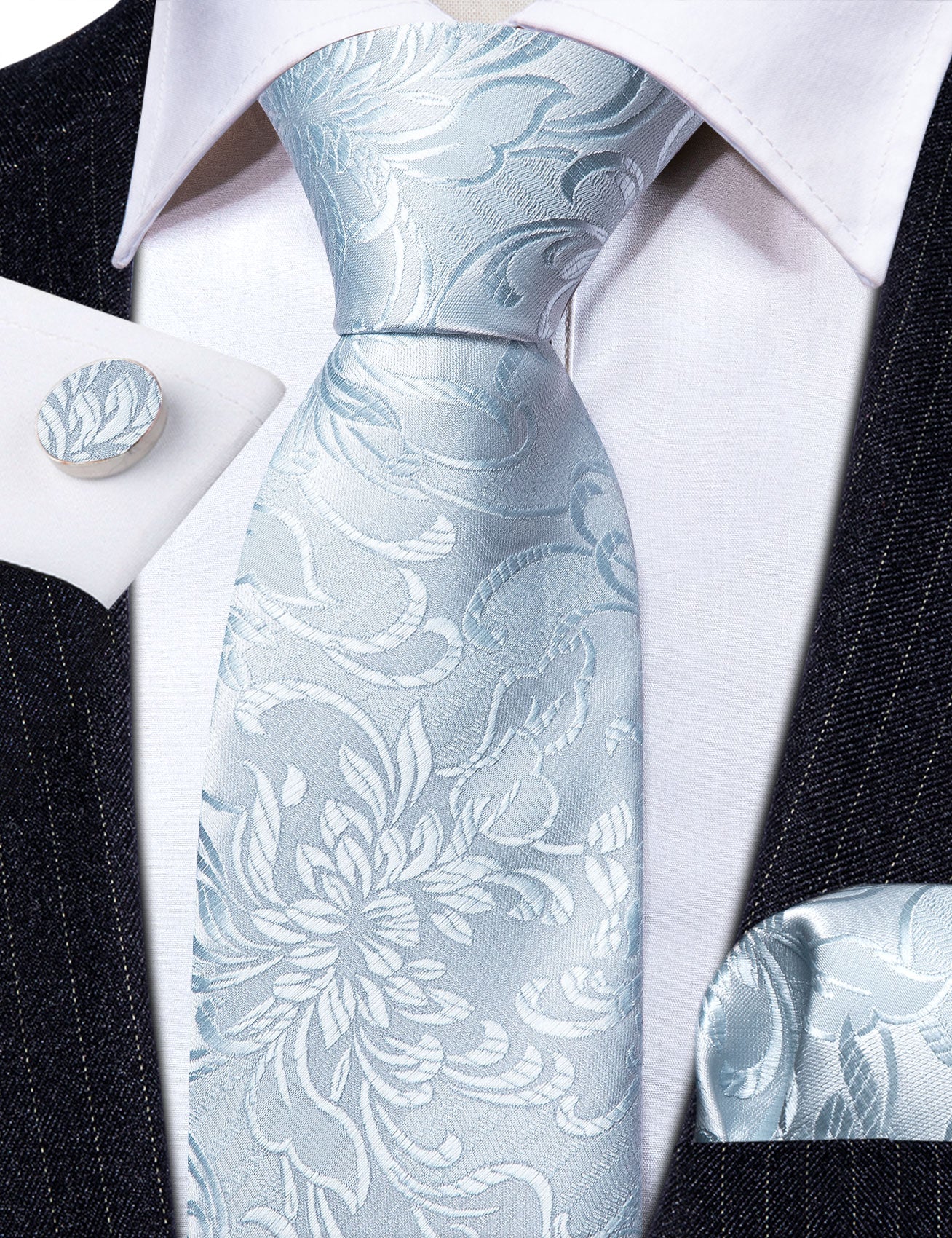 White Peony Flower Silk Tie Handkerchief Cufflinks Set