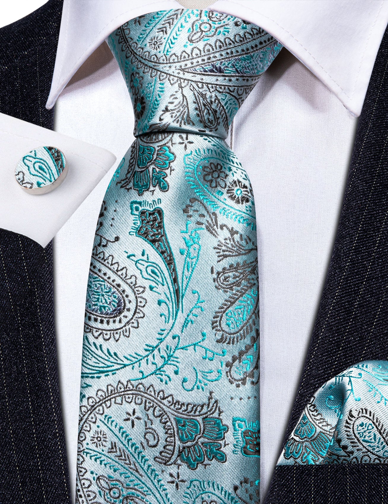 Teal Paisley Silk Tie Handkerchief Cufflinks Set