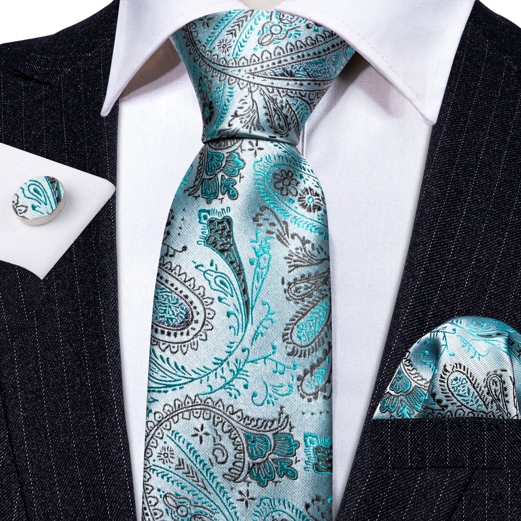Teal Paisley Silk Tie Handkerchief Cufflinks Set