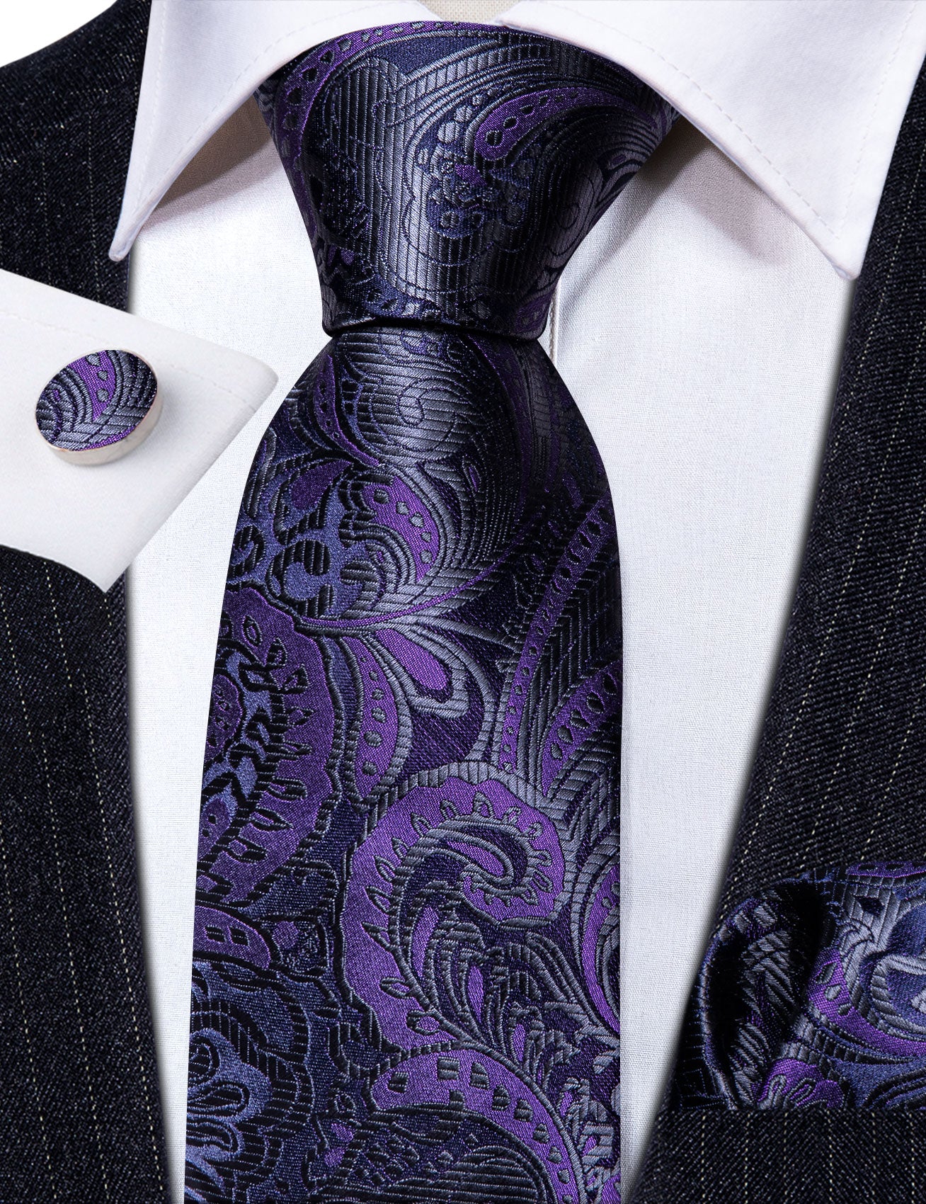Purple Black Paisley Silk Tie Handkerchief Cufflinks Set