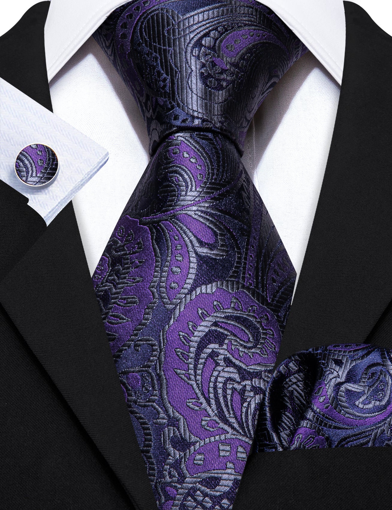 Purple Black Paisley Silk Tie Handkerchief Cufflinks Set
