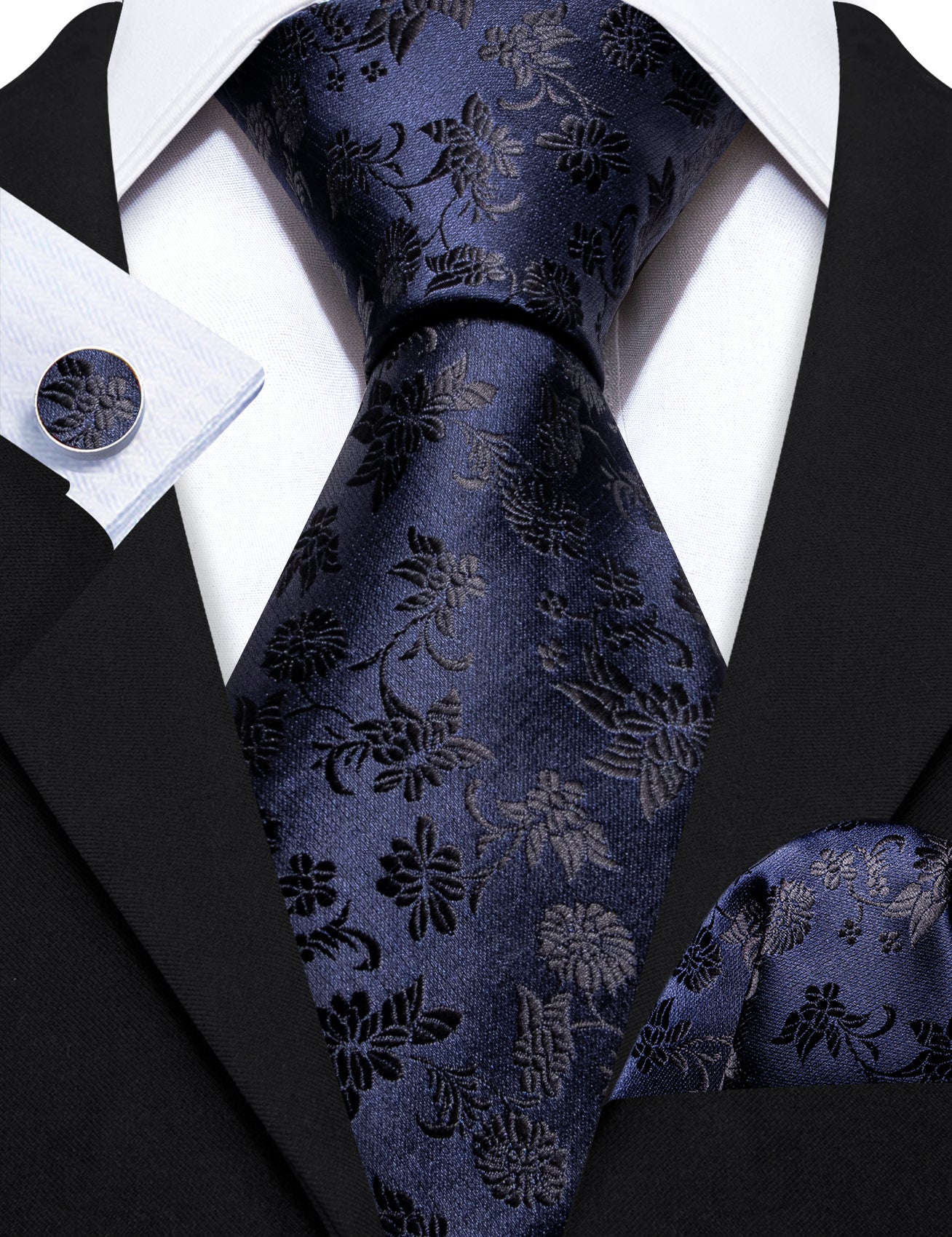 Purple Black Floral Silk Tie Handkerchief Cufflinks Set