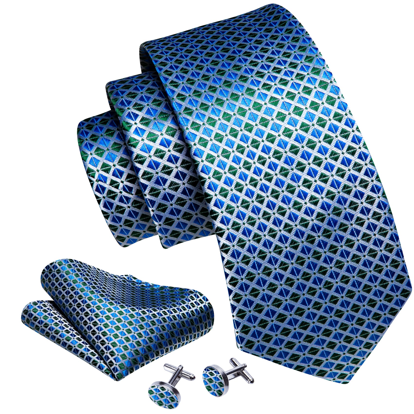 Teal Blue Lattice Silk Tie Handkerchief Cufflinks Set