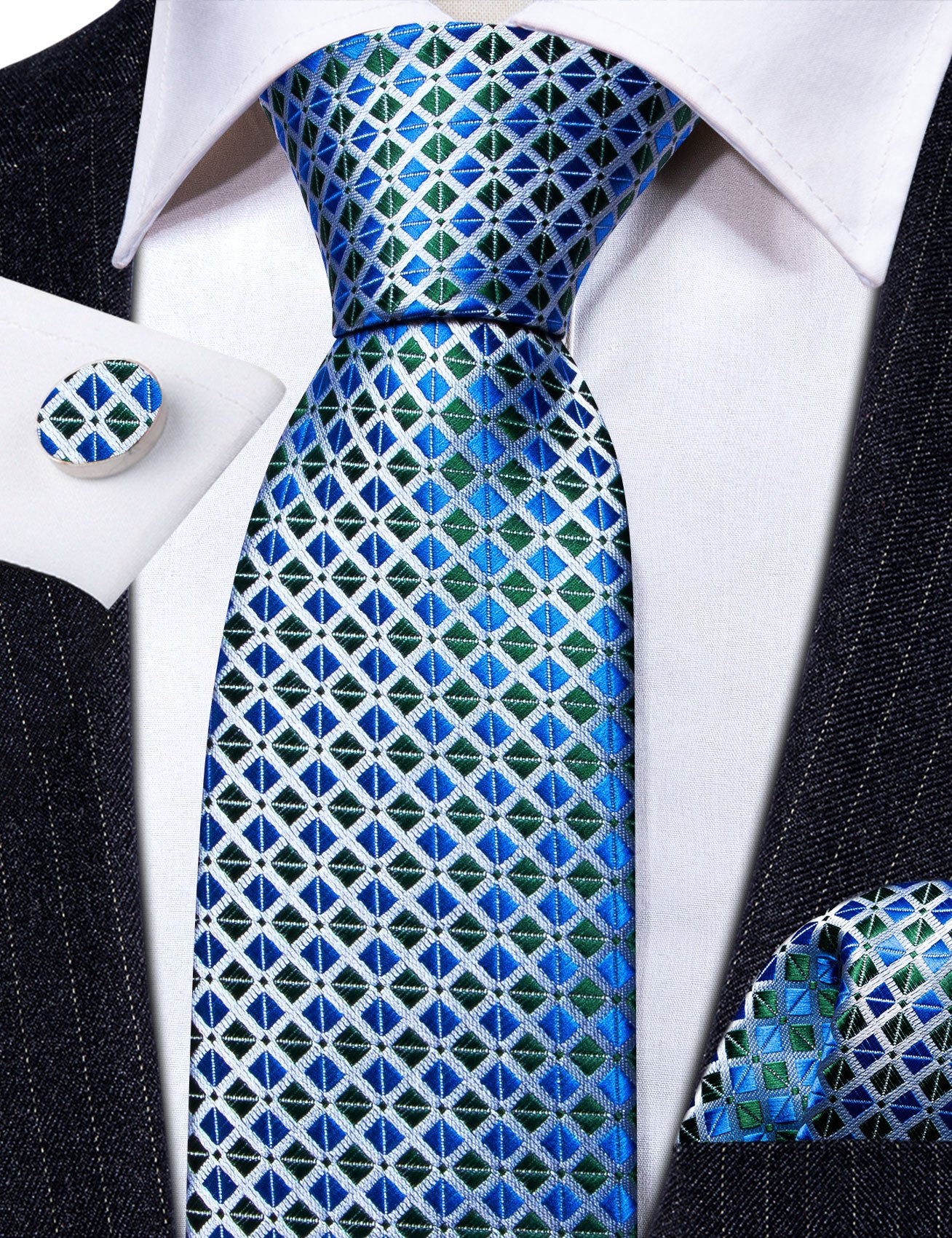 Barry.wang Blue Tie Teal Lattice Silk Tie Handkerchief Cufflinks Set