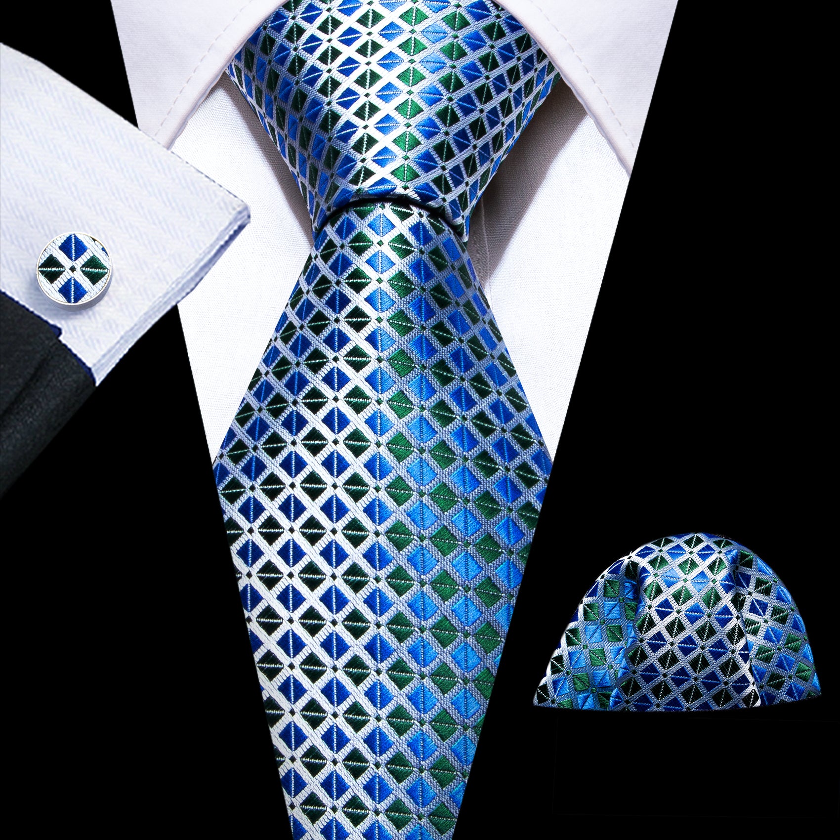 Teal Blue Lattice Silk Tie Handkerchief Cufflinks Set